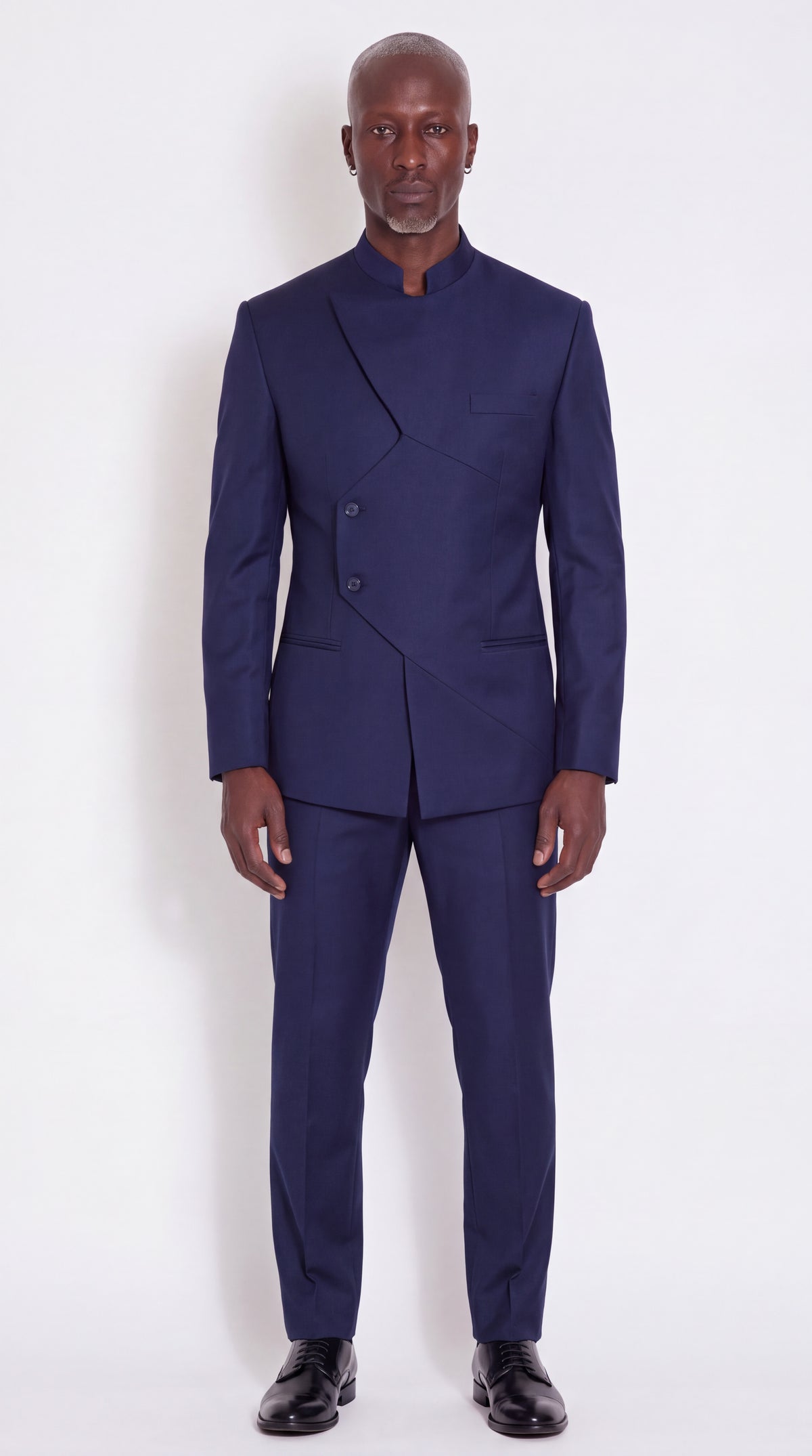 The Noir Meridian Suit — Navy Angular-Panel Suit — front view