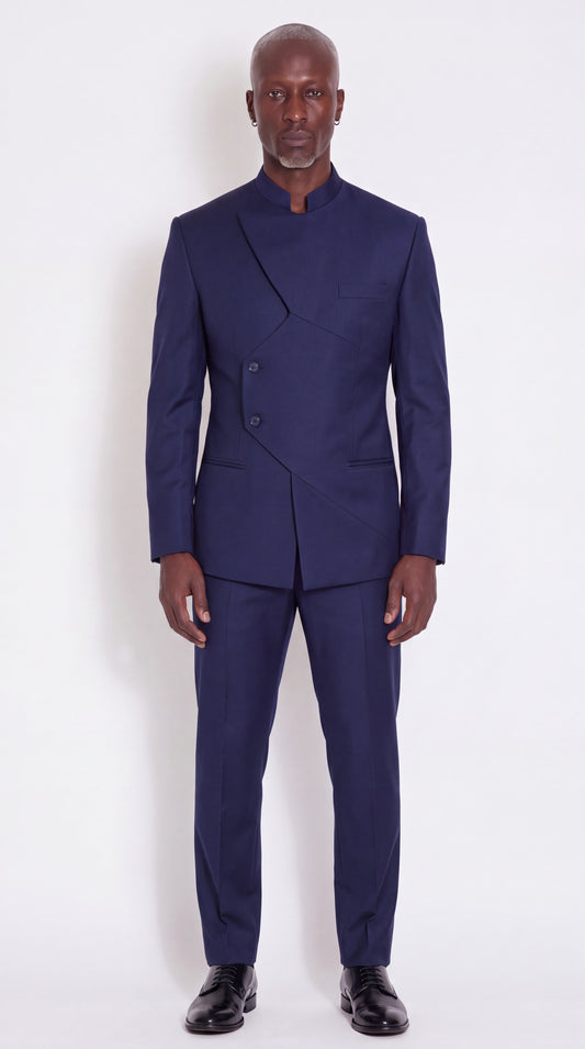 The Noir Meridian Suit — Navy Angular-Panel Suit — front view
