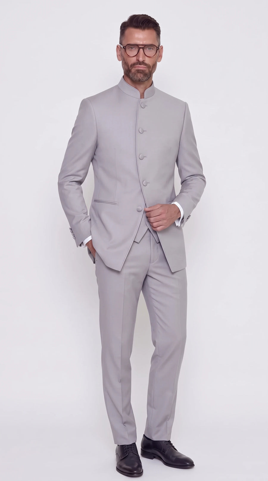 The Noir Nehru Wrap Suit — Dove Grey Piped Three-Piece Suit — front view, mandarin collar, piped asymmetric front on covered buttons, waistcoat, Christopher Noir