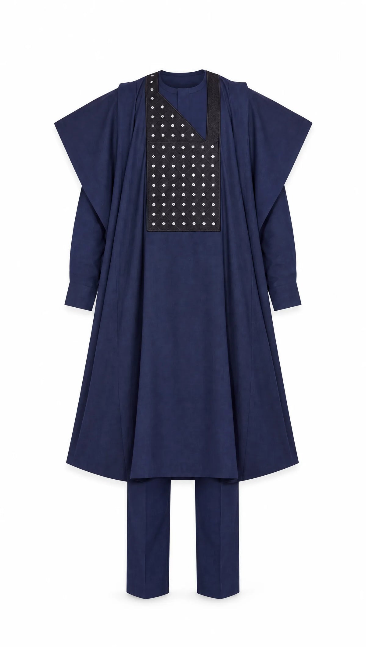 Noir Nocturne Agbada — midnight navy men's agbada set, front flat-lay on white