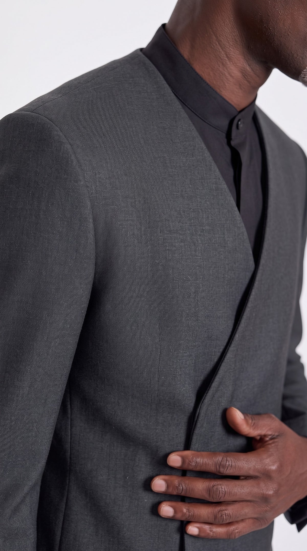 The Noir Obsidian Suit — Black Wrap-Front Suit – fabric and tailoring detail close-up, Christopher Noir