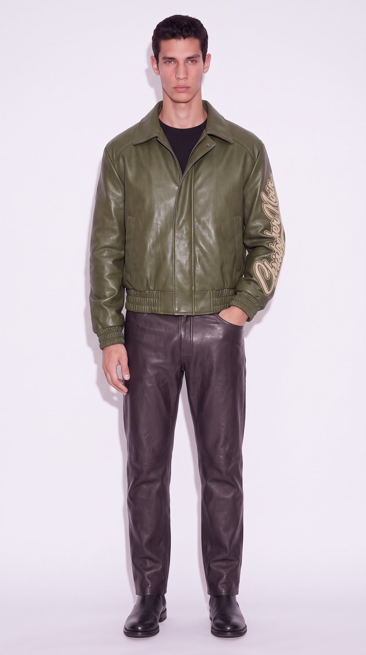 The Noir Olivo — Olive Green Leather Bomber Jacket (Unisex) – on model, Christopher Noir