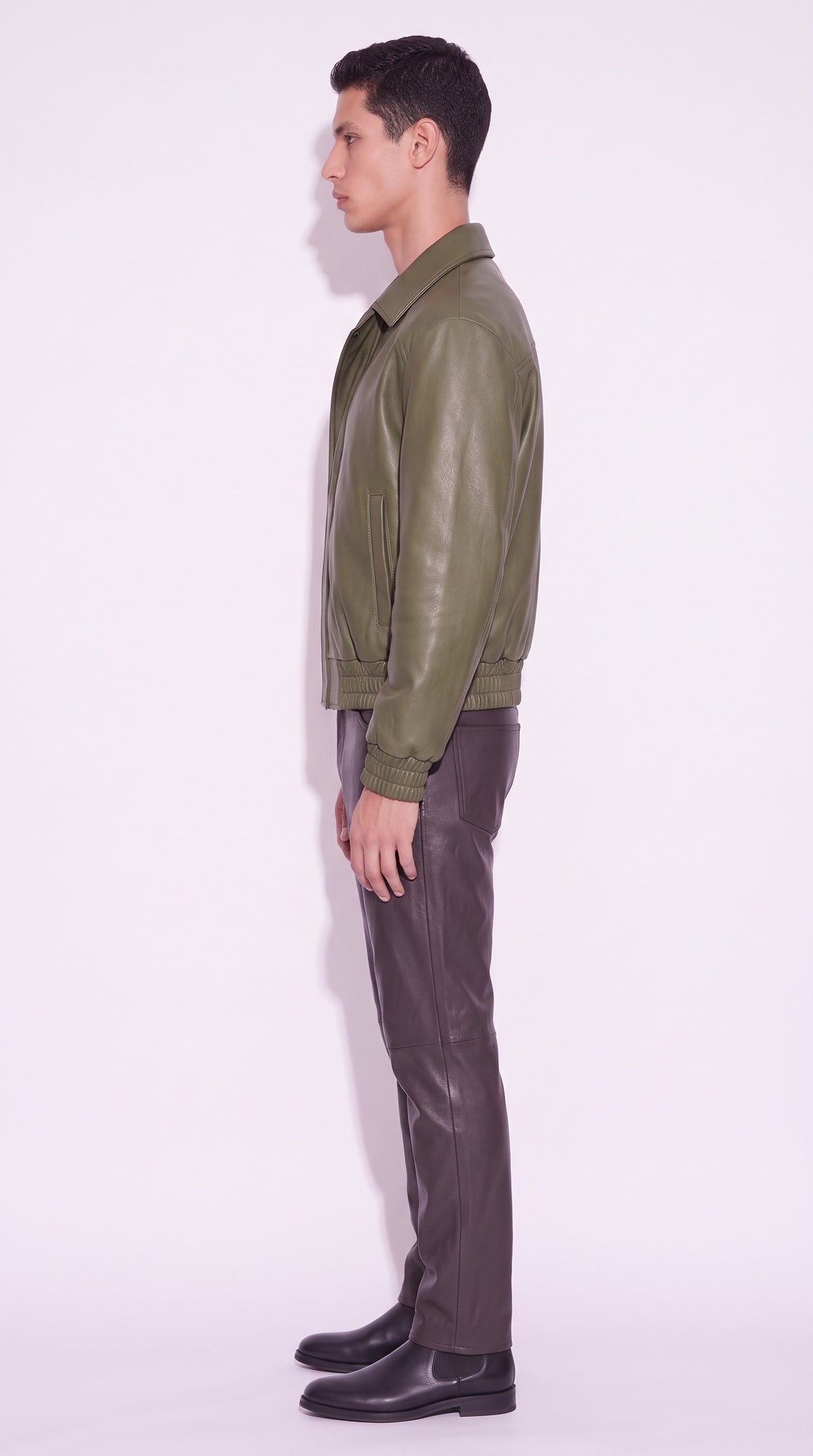 The Noir Olivo — Olive Green Leather Bomber Jacket (Unisex) – side profile, Christopher Noir