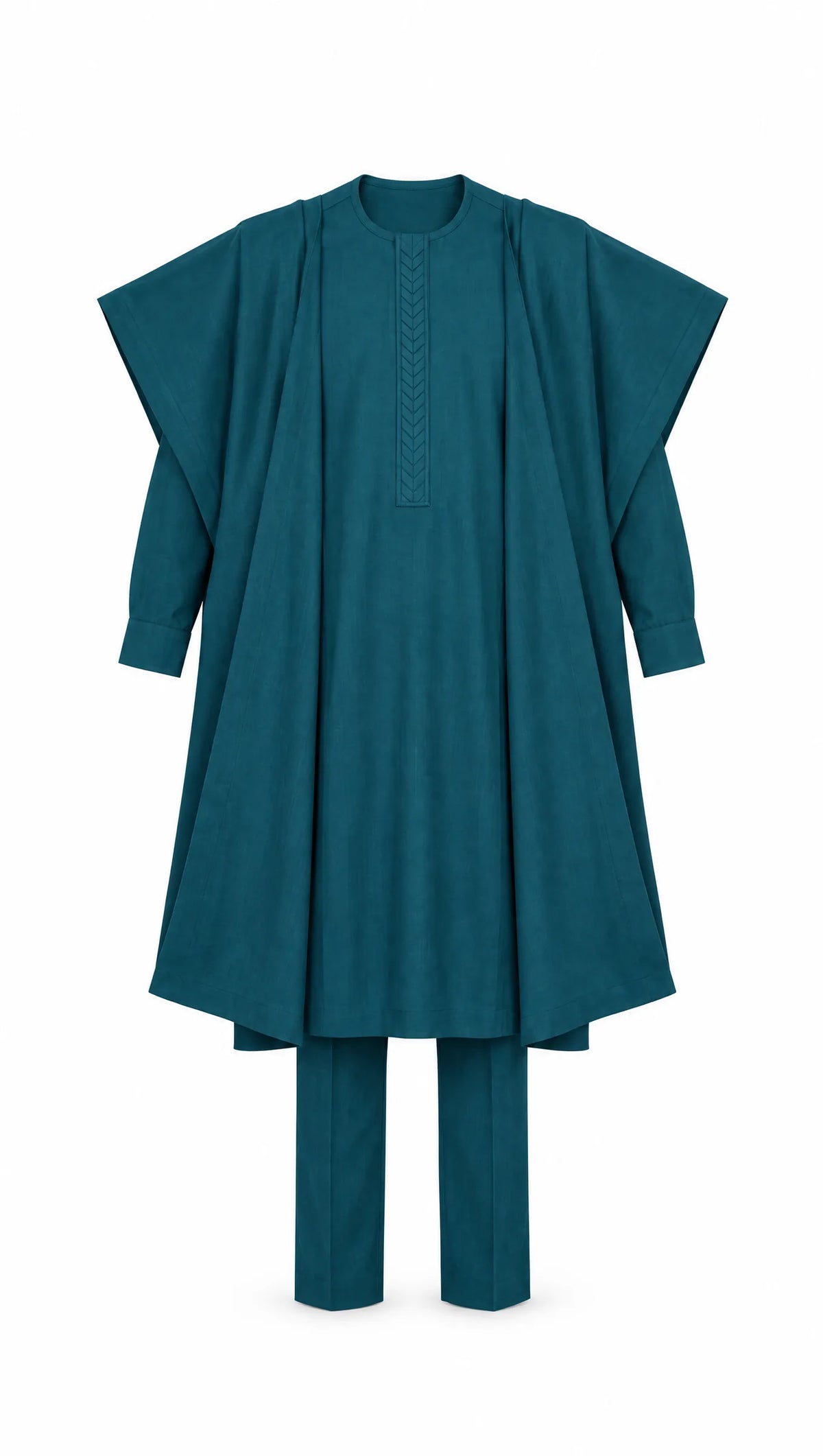 Noir Peacock Agbada — deep teal men's agbada set, front flat-lay on white