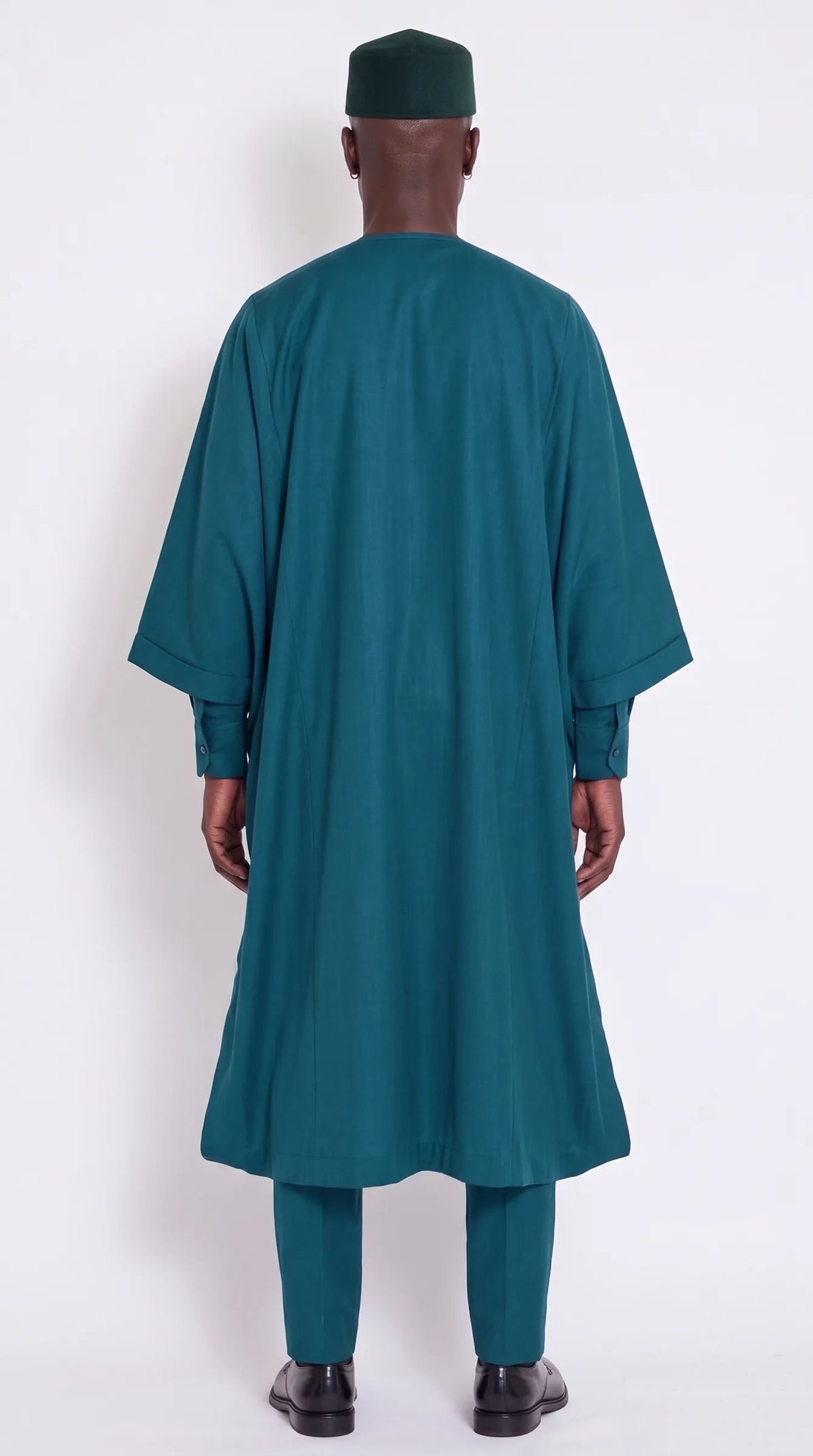 Noir Peacock Agbada — deep teal men's agbada set, back view