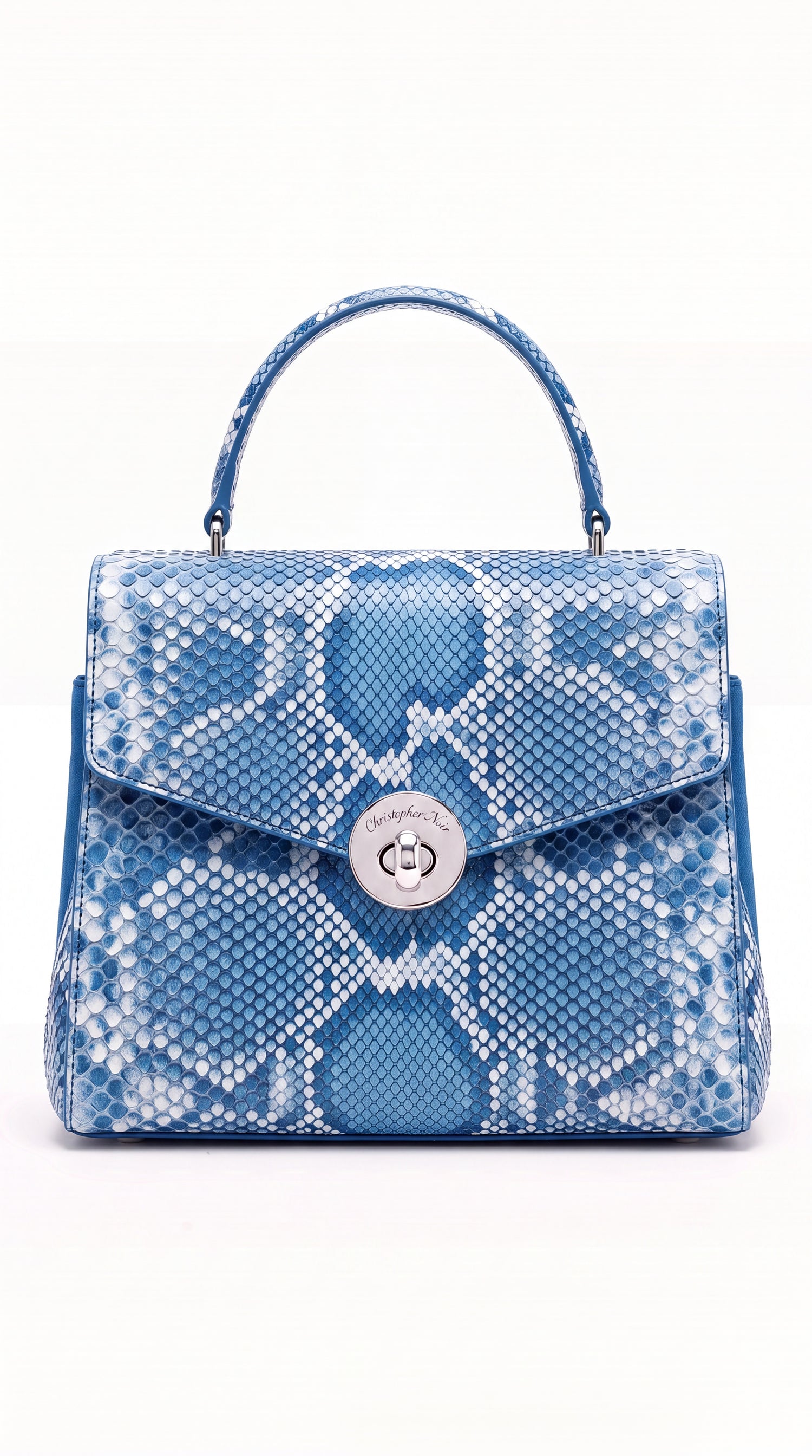The Noir Period Azurine top-handle handbag in blue and white python-print leather, front view