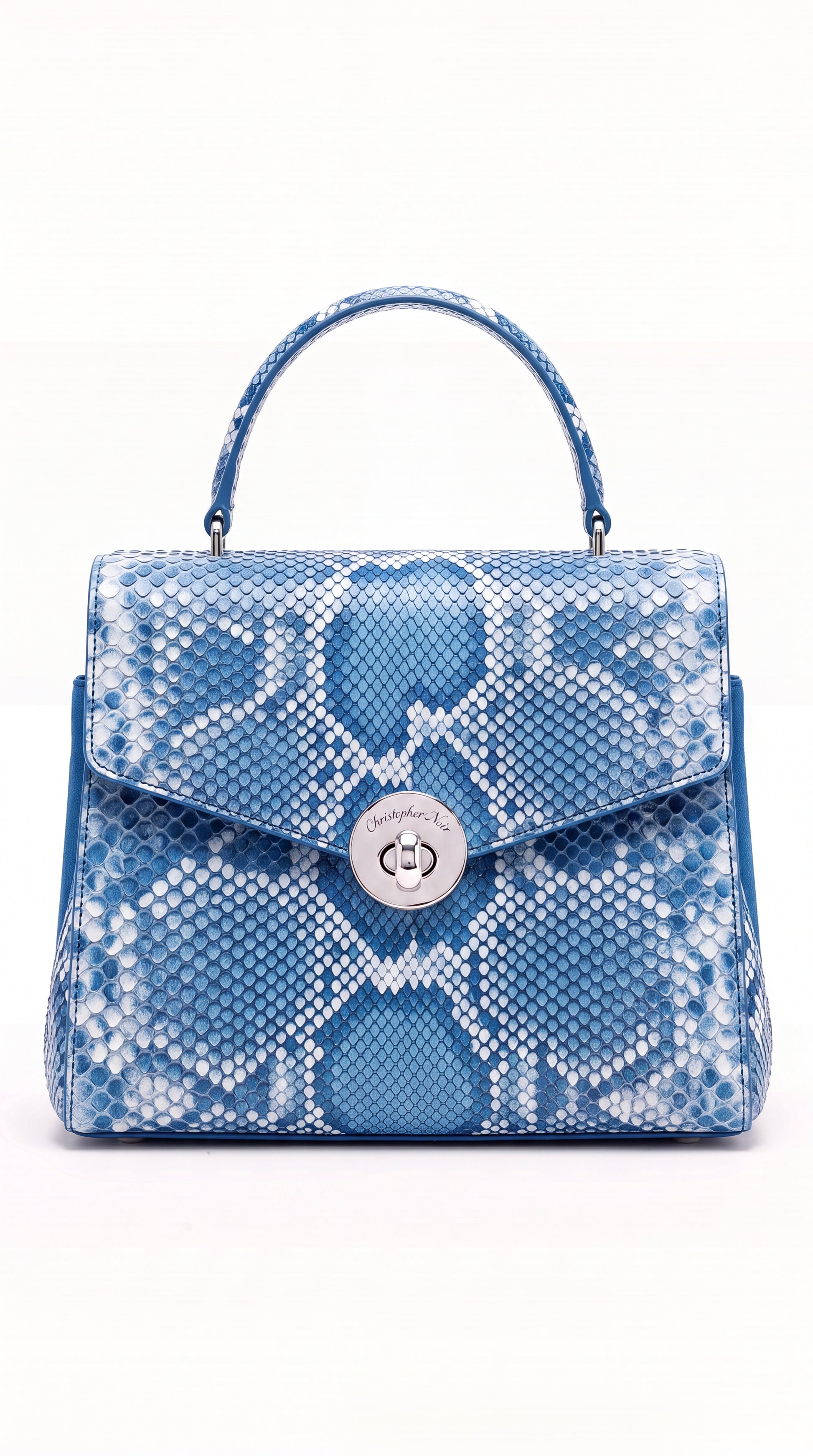 The Noir Period Azurine top-handle handbag in blue and white python-print leather, front view