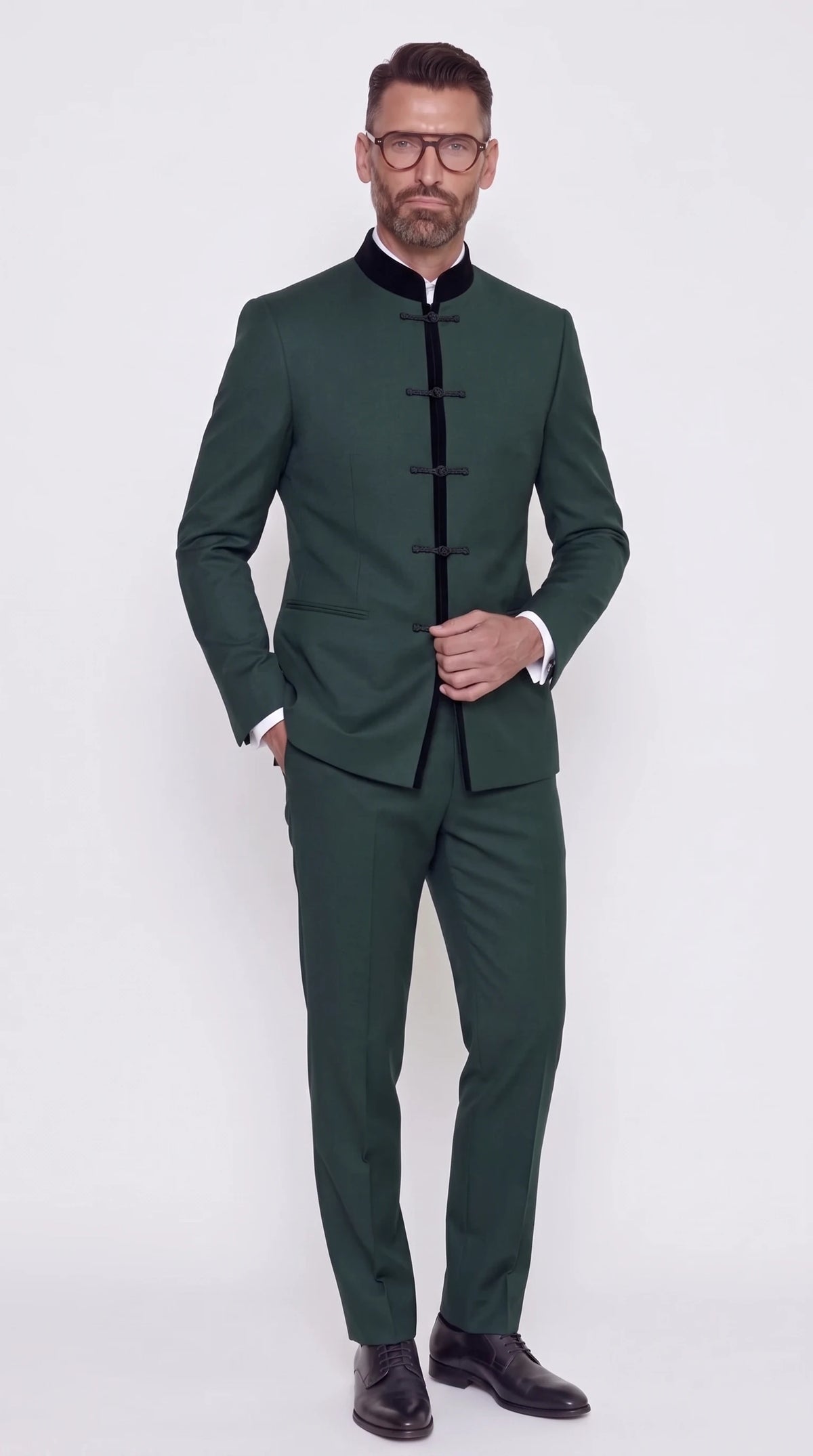 The Noir Regal Knot Suit — Forest Frog-Closure Suit — front view, contrast black collar and placket with five frog closures, Christopher Noir