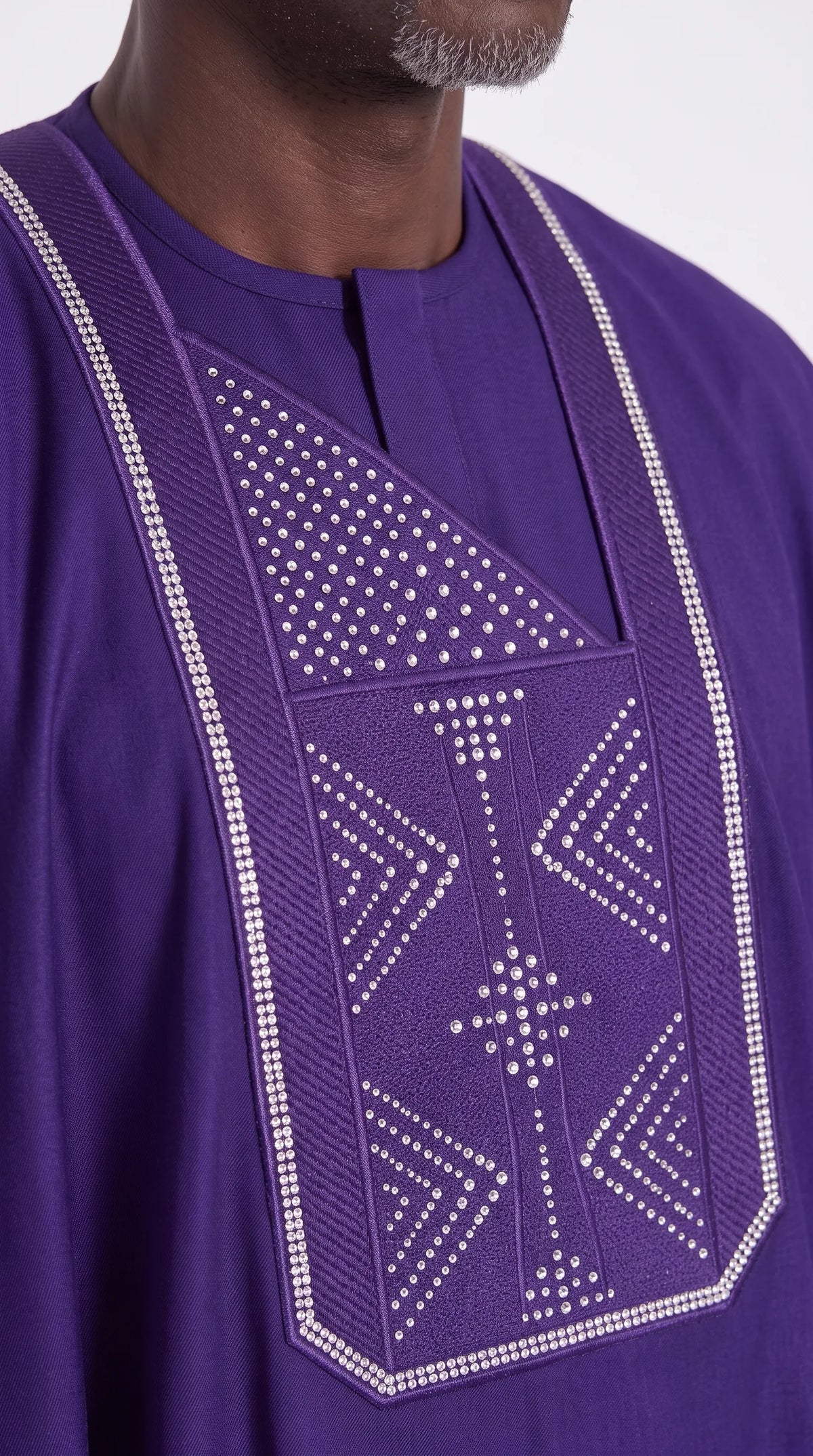 Noir Regalia Agbada — royal purple men's agbada set, close-up of the chest detail