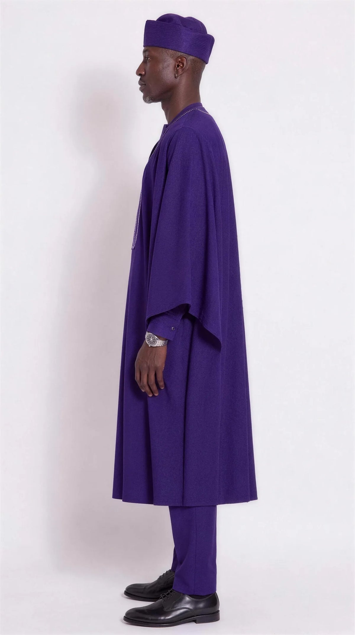Noir Regalia Agbada — royal purple men's agbada set, side view showing the robe drape