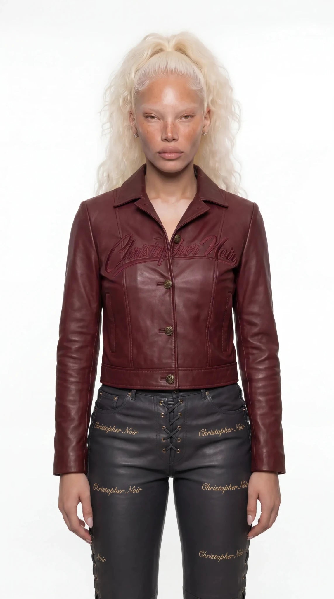 Noir Vespera cropped burgundy leather jacket with gold-tone buttons — CNOIR