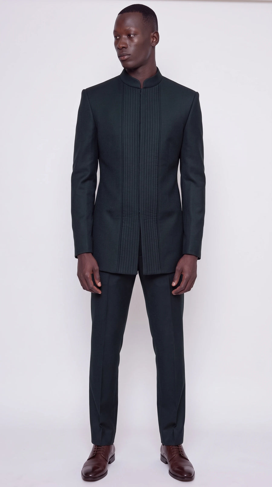 The Noir Ribbed Armour Suit — Forest Channel-Stitched Suit — front view, mandarin collar and channel-stitched centre front panel, Christopher Noir