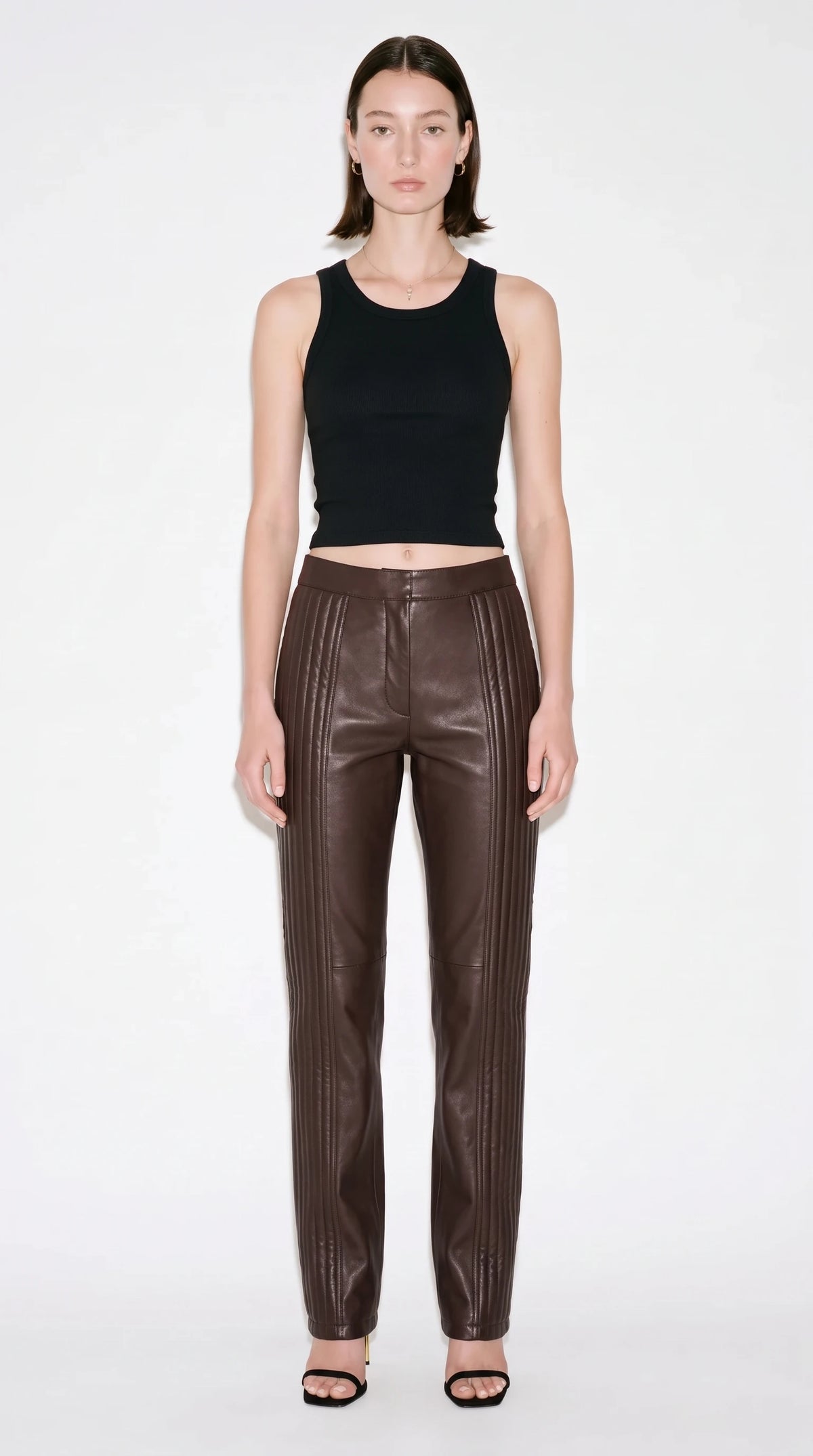 The Noir Ridge corded-panel leather trousers in chocolate brown - CNOIR