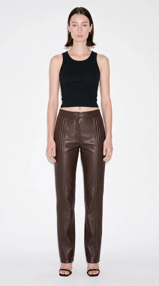 The Noir Ridge corded-panel leather trousers in chocolate brown - CNOIR
