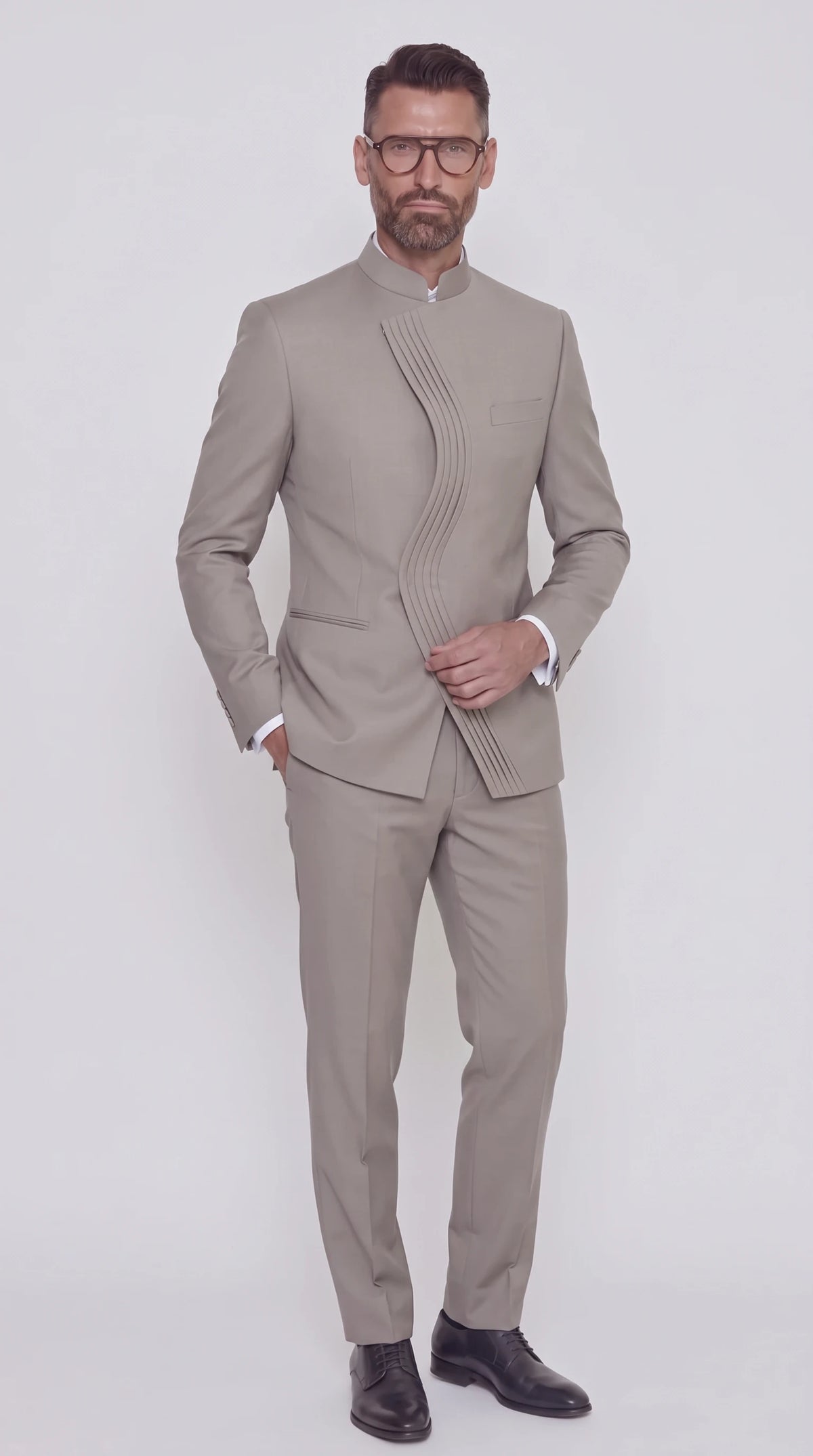 The Noir S-Curve Pleat Suit — Stone Pleated-Wave Suit — front view, mandarin collar and pleated S-curve front panel, Christopher Noir