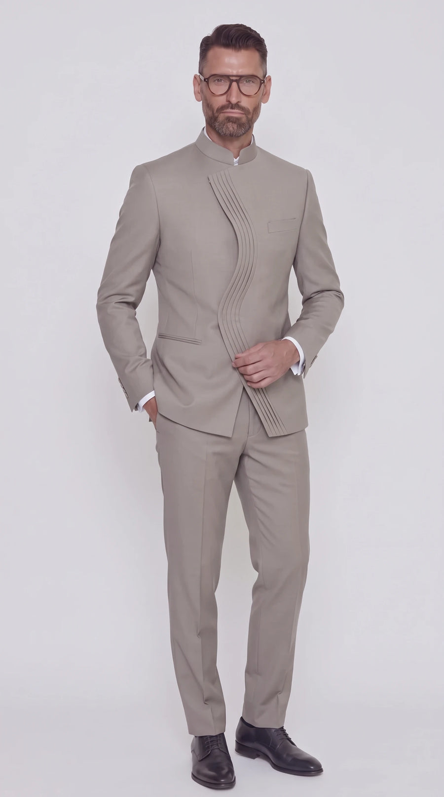 The Noir S-Curve Pleat Suit — Stone Pleated-Wave Suit — front view, mandarin collar and pleated S-curve front panel, Christopher Noir