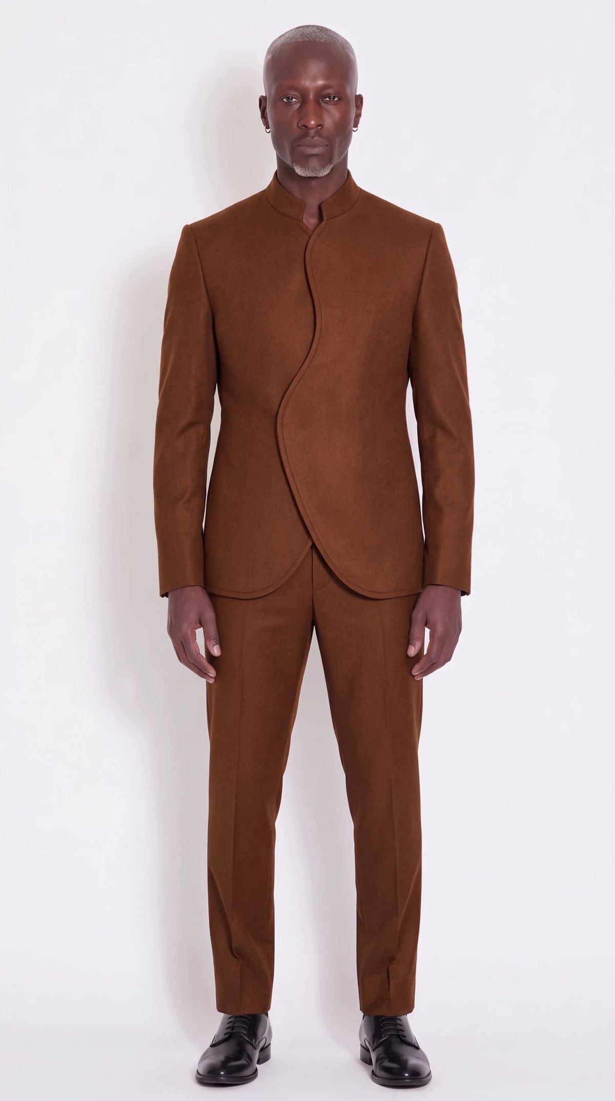 The Noir S-Curve Suit — Tobacco Serpentine-Front Suit — front view, mandarin collar and S-curve front opening, Christopher Noir