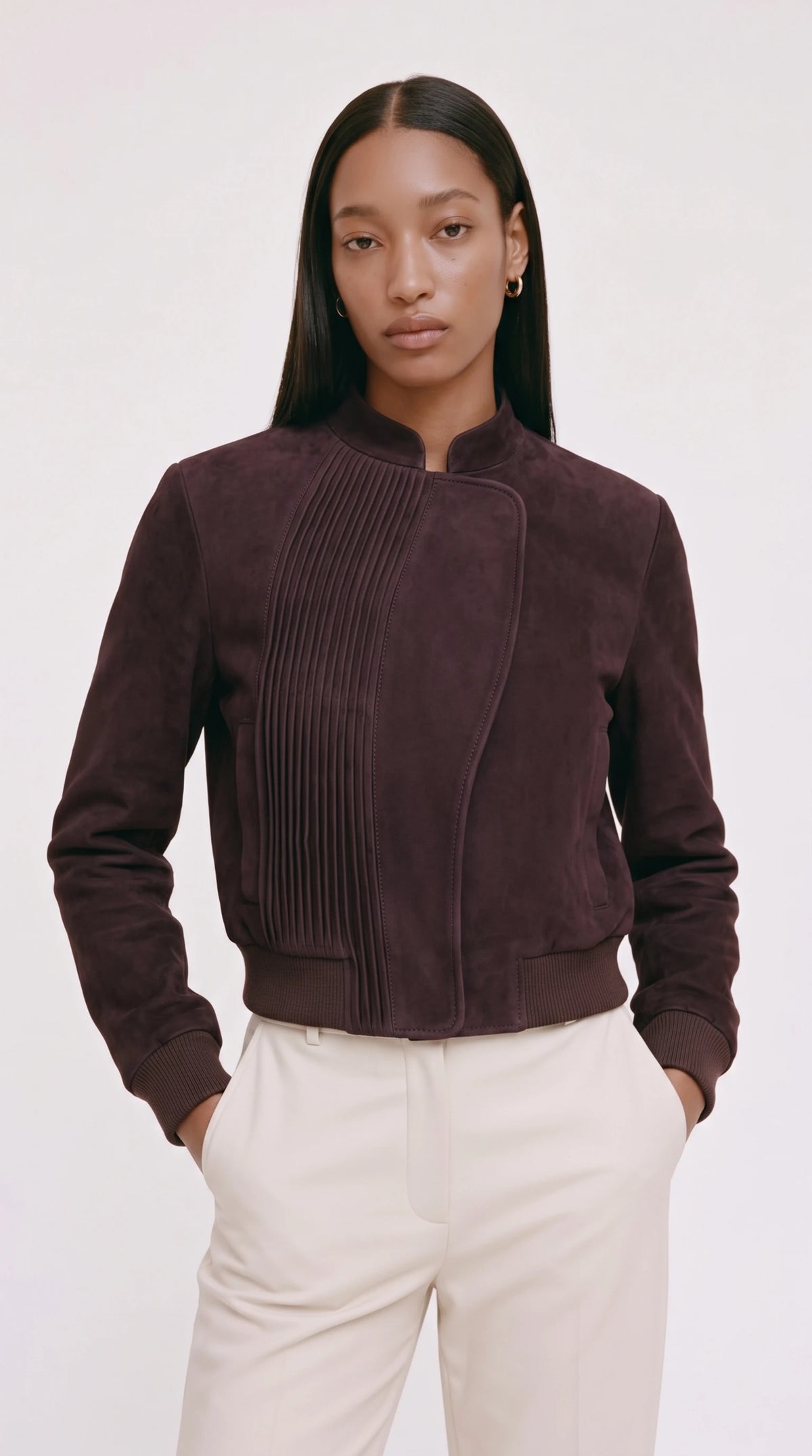 The Noir Sanday aubergine suede bomber jacket with pin-tuck pleated front panel and stand collar