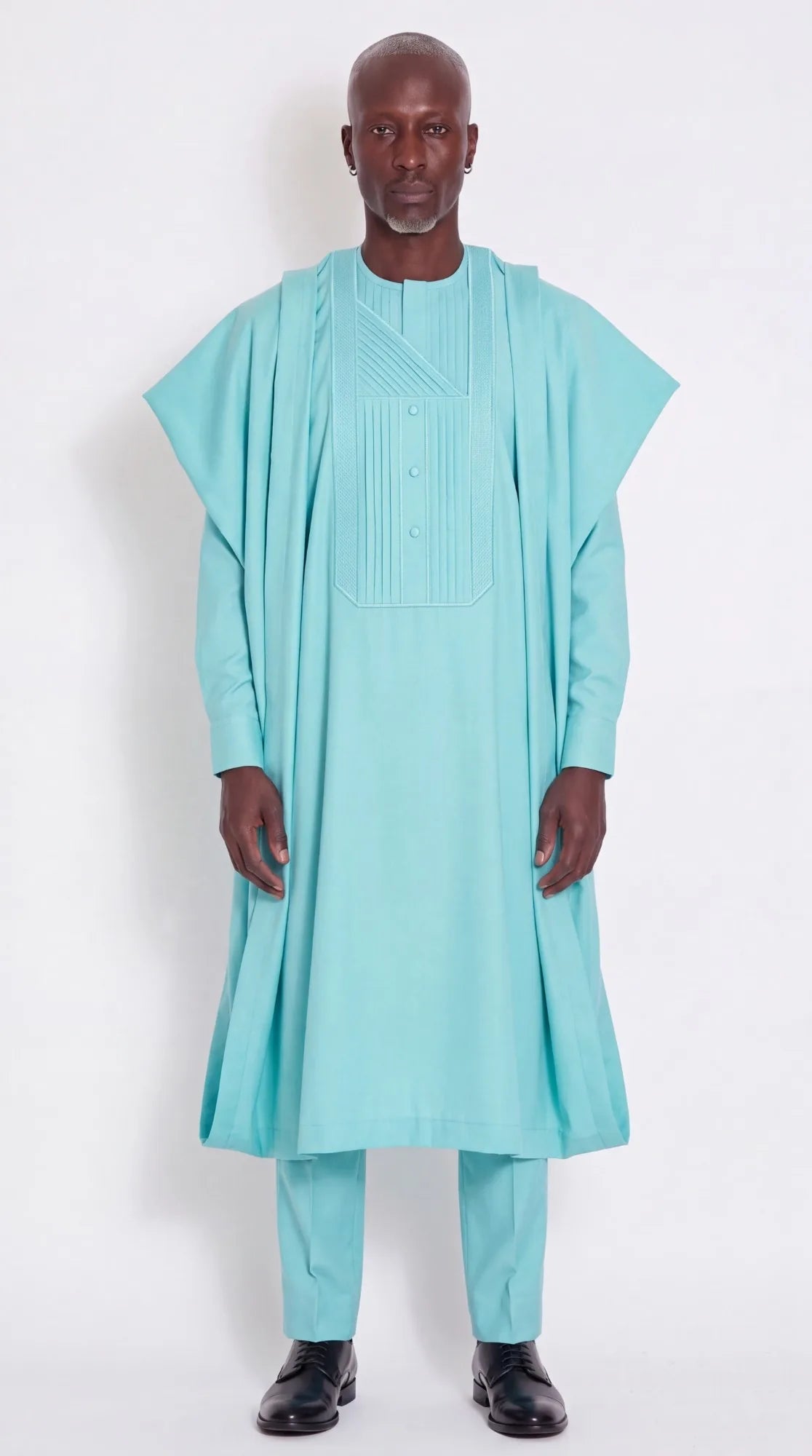 Noir Seafoam Agbada — aqua men's agbada set, worn on model