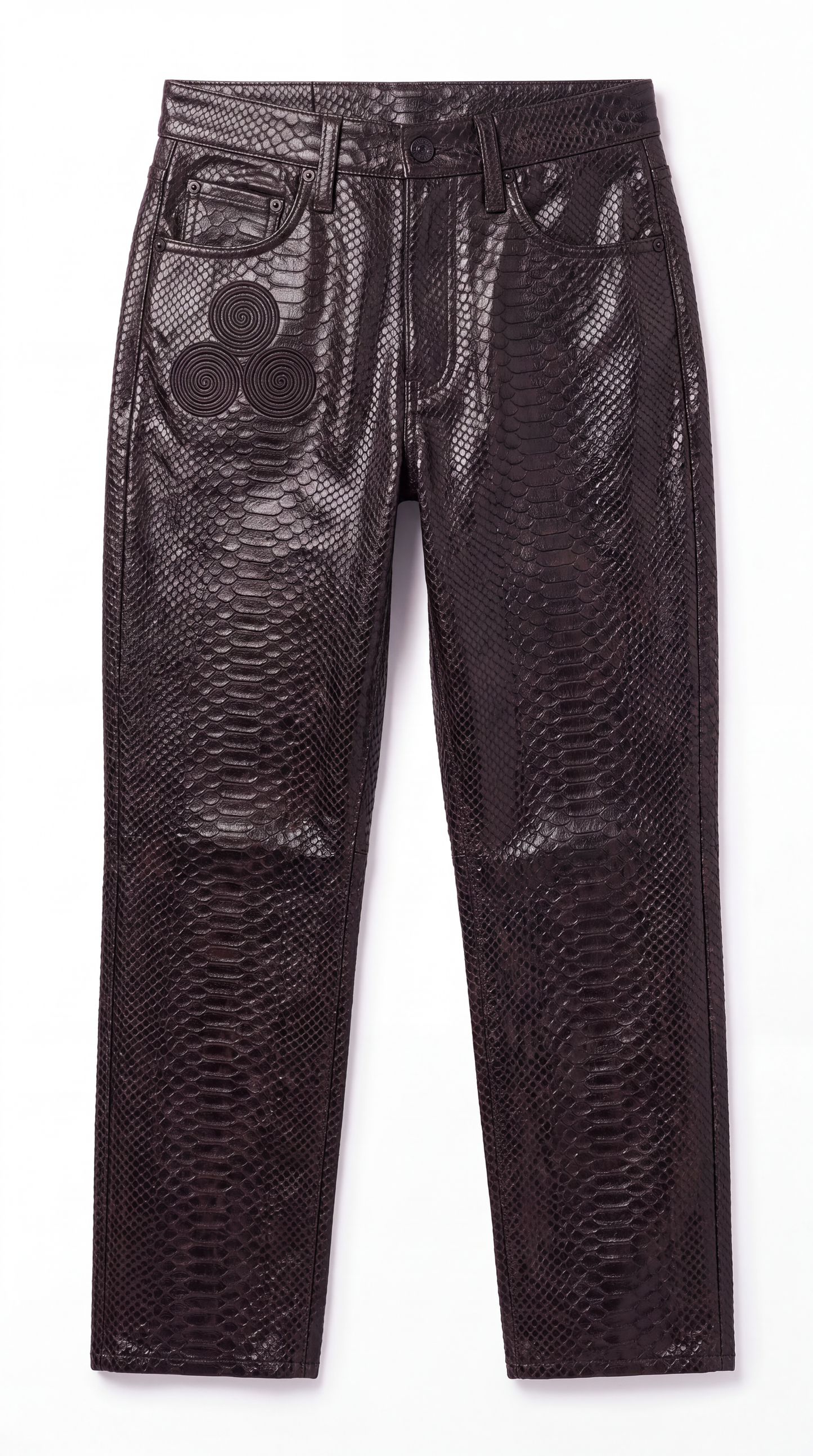 The Noir Serpent Matte python-embossed leather straight-leg jeans in deep black-brown, all-over scale texture with spiral emblem applique on the left thigh