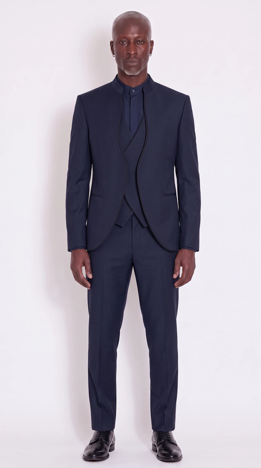 The Noir Serpentine IV Suit — Navy Piped Three-Piece Suit — front view, mandarin collar, black-piped curved fronts and crossover waistcoat, Christopher Noir