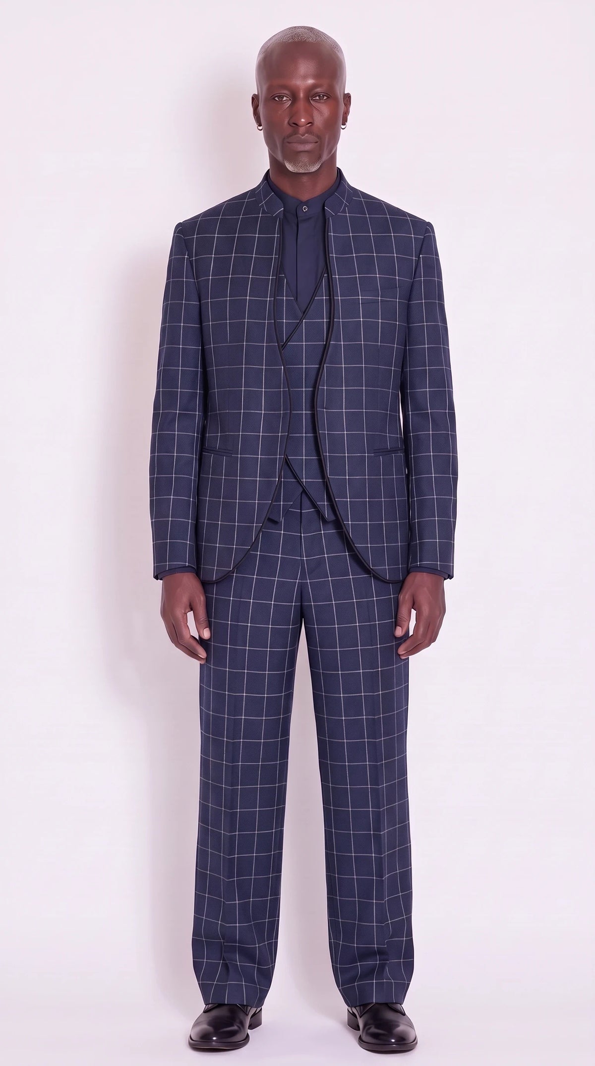 The Noir Serpentine Suit — navy windowpane three-piece, front view, Christopher Noir