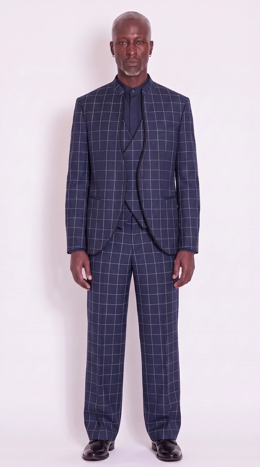The Noir Serpentine Suit — navy windowpane three-piece, front view, Christopher Noir