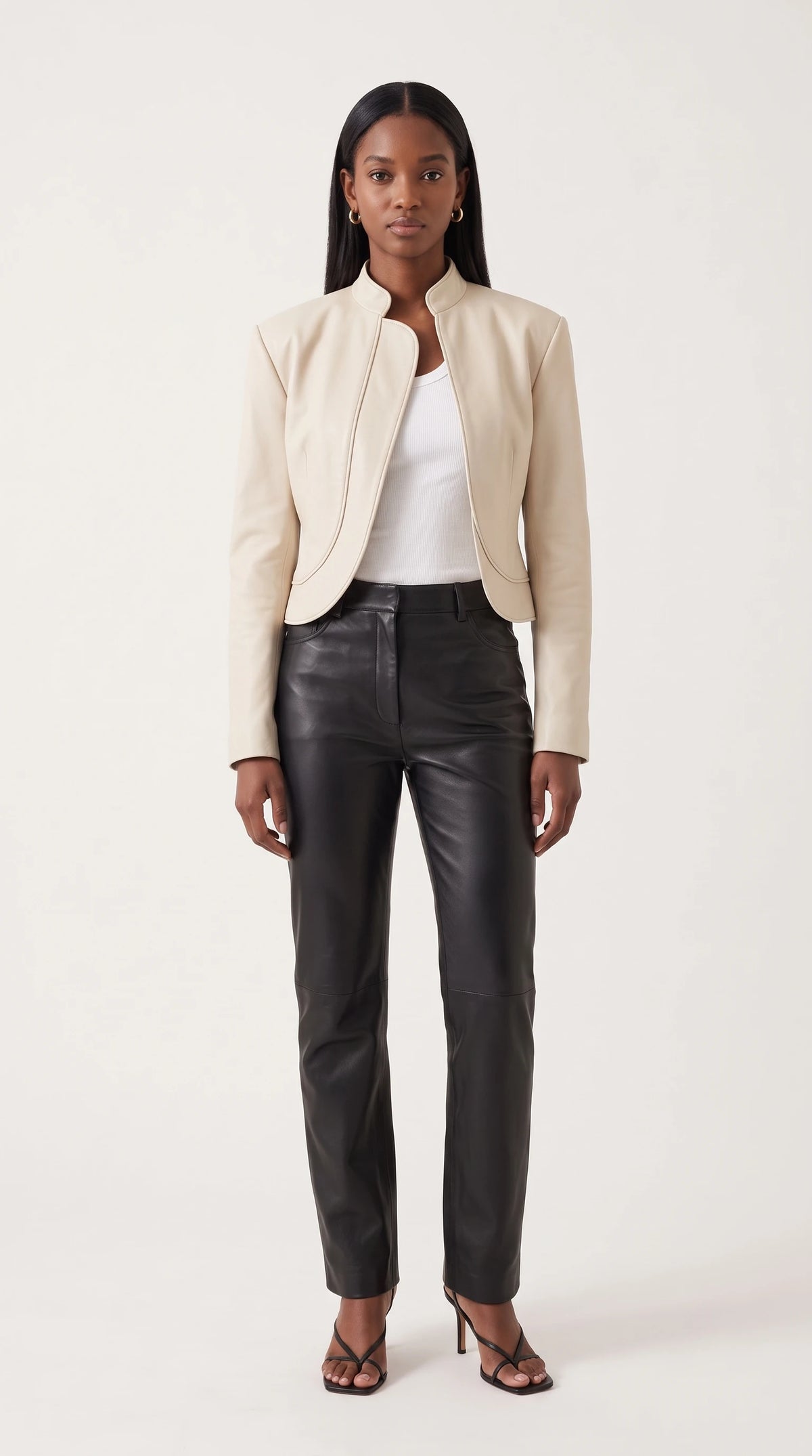 The Noir Shapinsay cropped bone leather jacket with stand collar and curved piped front panel