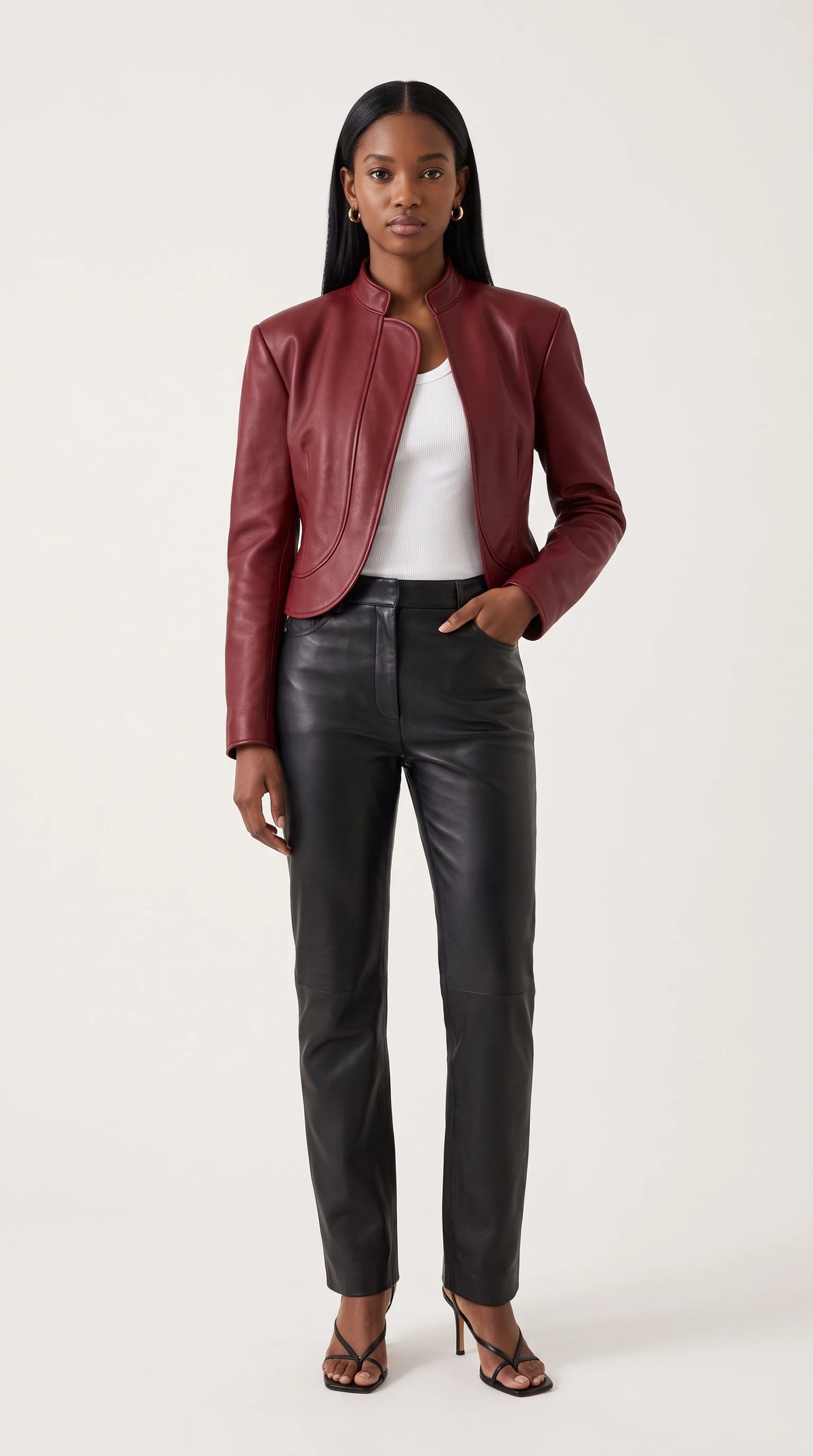 The Noir Shapinsay cropped oxblood leather jacket with stand collar and curved piped front panel