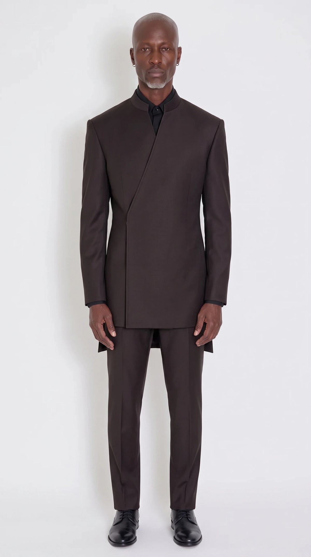 The Noir Side Wrap Suit — Espresso Longline Wrap Suit — front view, standing collar and side-fastening wrap front on a longline jacket, Christopher Noir