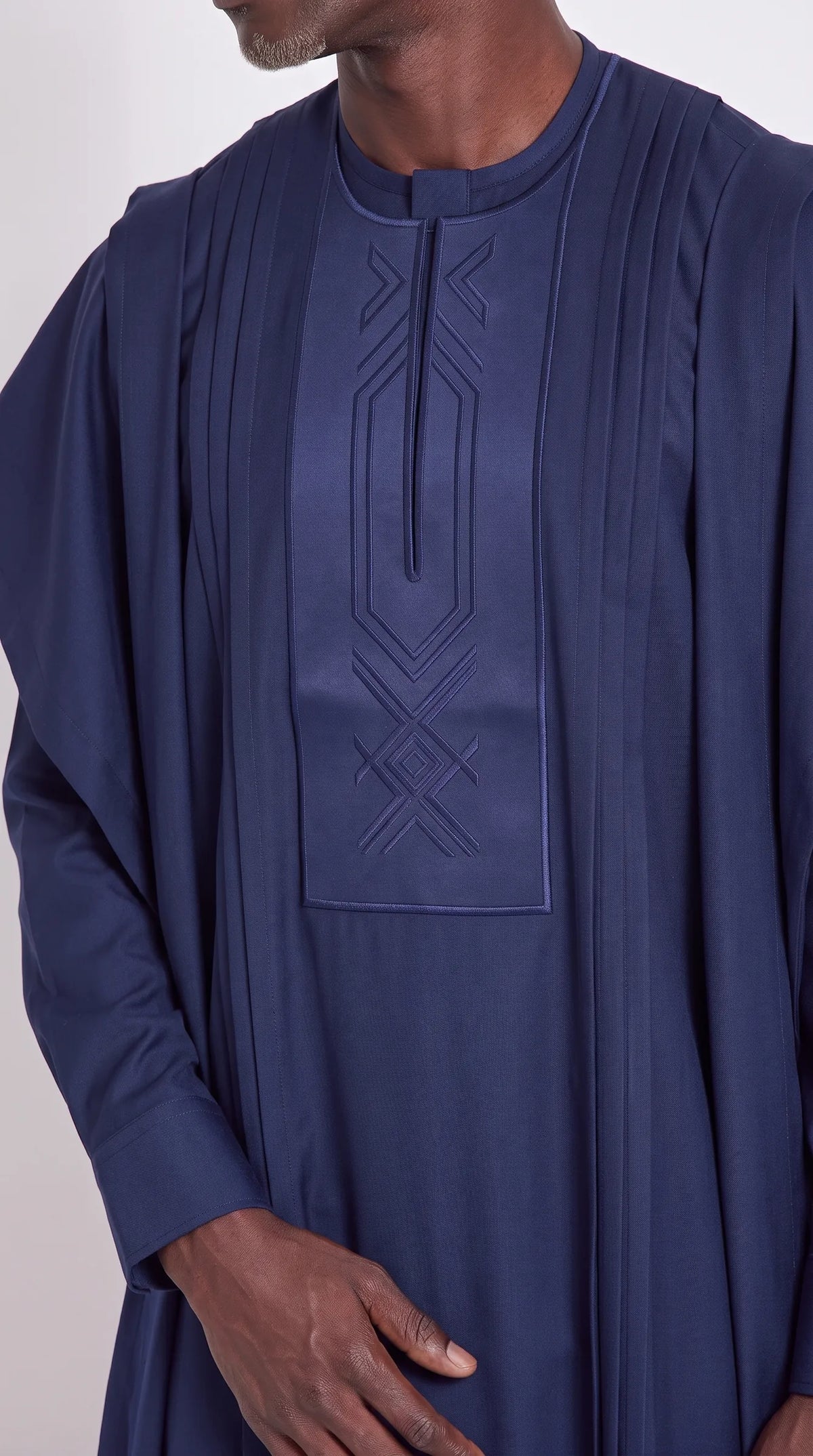 Noir Sovereign Agbada — navy men's agbada set, close-up of the chest detail