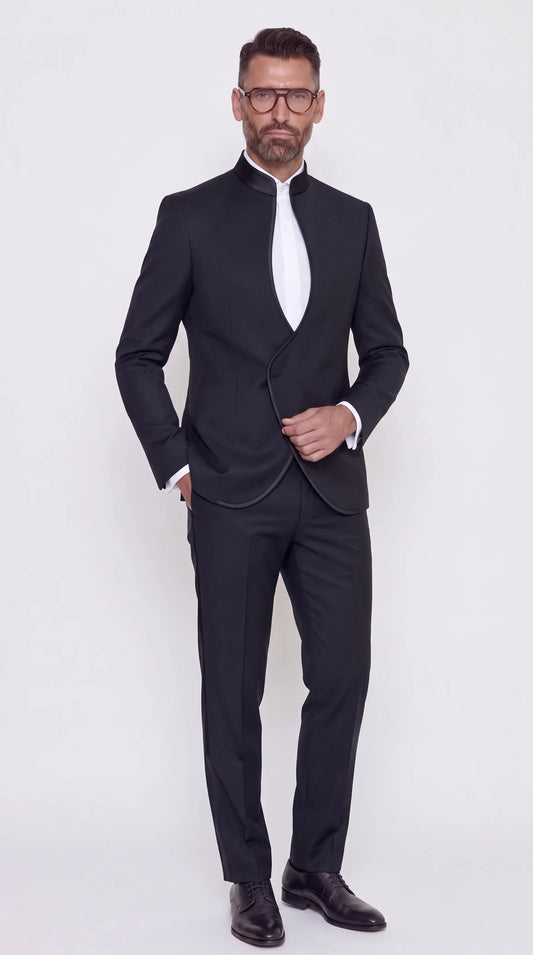 The Noir Spiral Faille Suit — Ink Black Curved-Front Suit — front view, contrast mandarin collar and piped curved asymmetric front, Christopher Noir