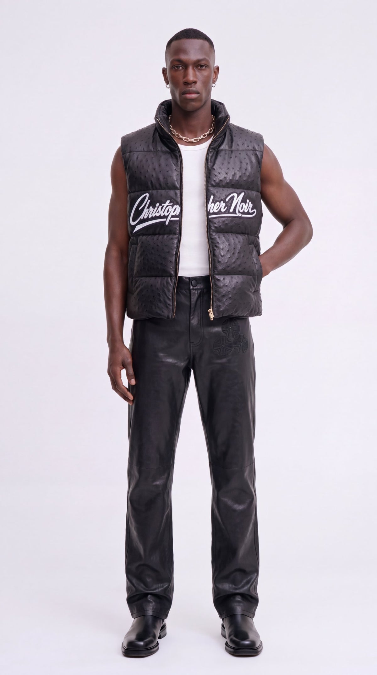 The Noir Staffa black ostrich-embossed leather signature puffer gilet by Christopher Noir