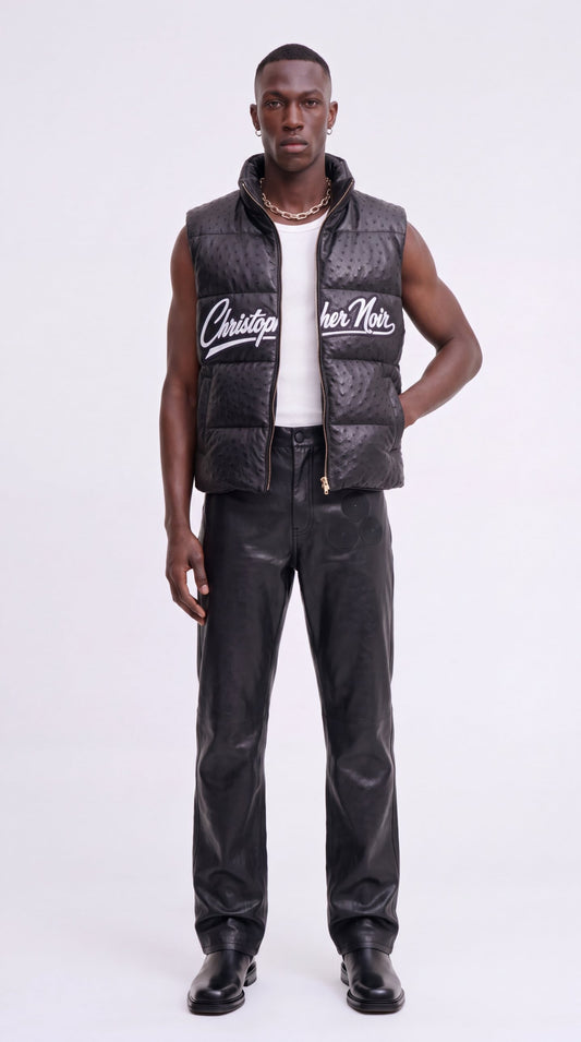 The Noir Staffa black ostrich-embossed leather signature puffer gilet by Christopher Noir