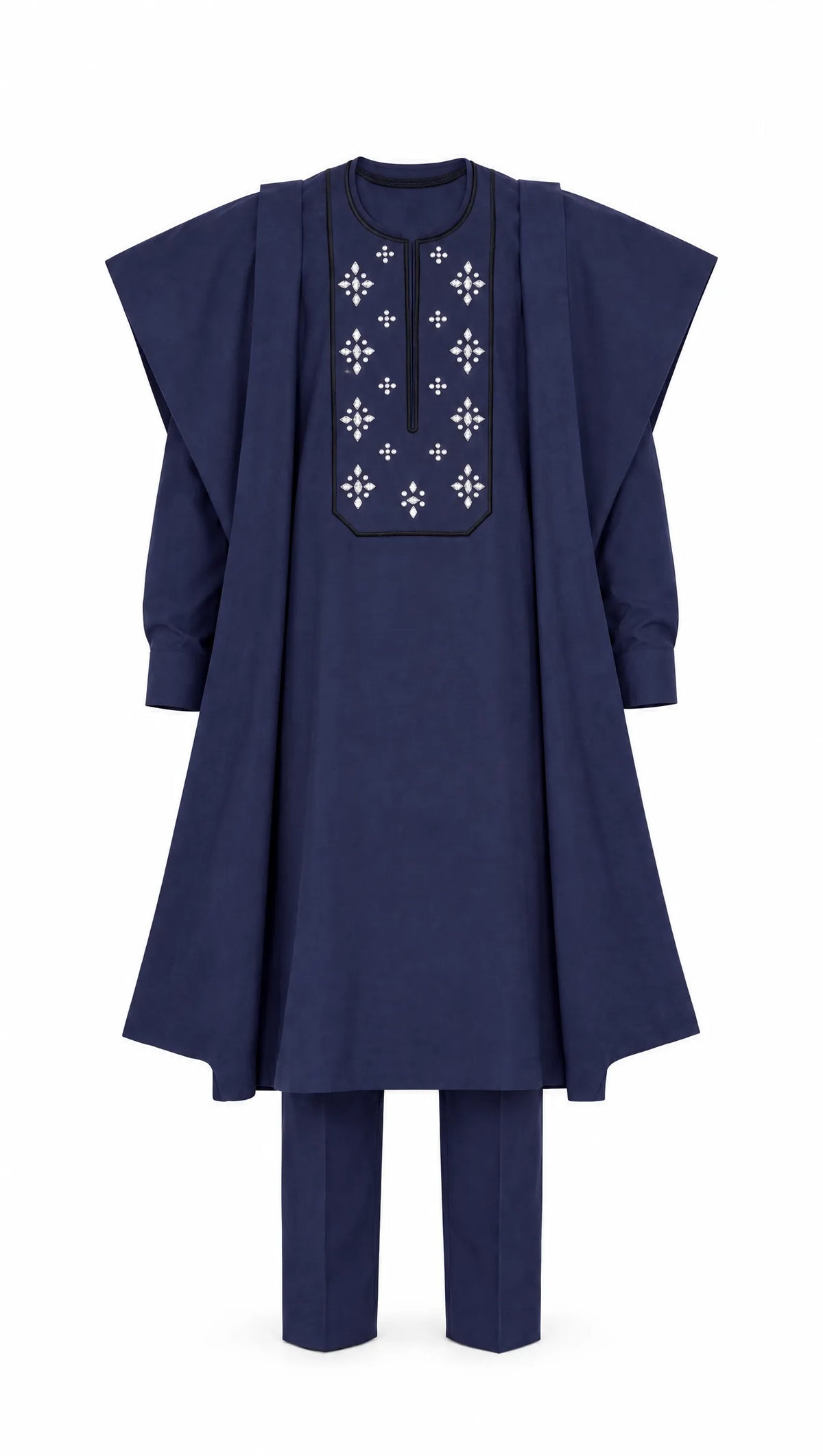 Noir Stellar Agbada — midnight navy men's agbada set, front flat-lay on white