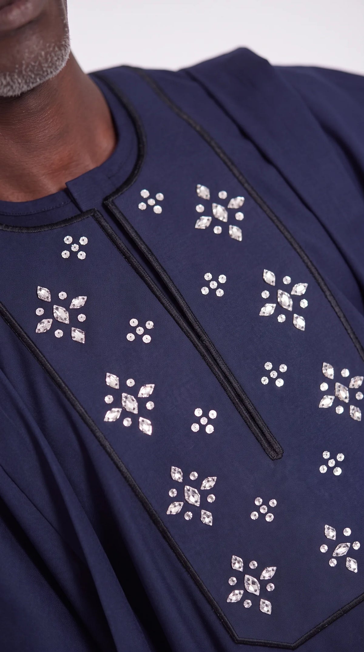 Noir Stellar Agbada — midnight navy men's agbada set, close-up of the chest detail