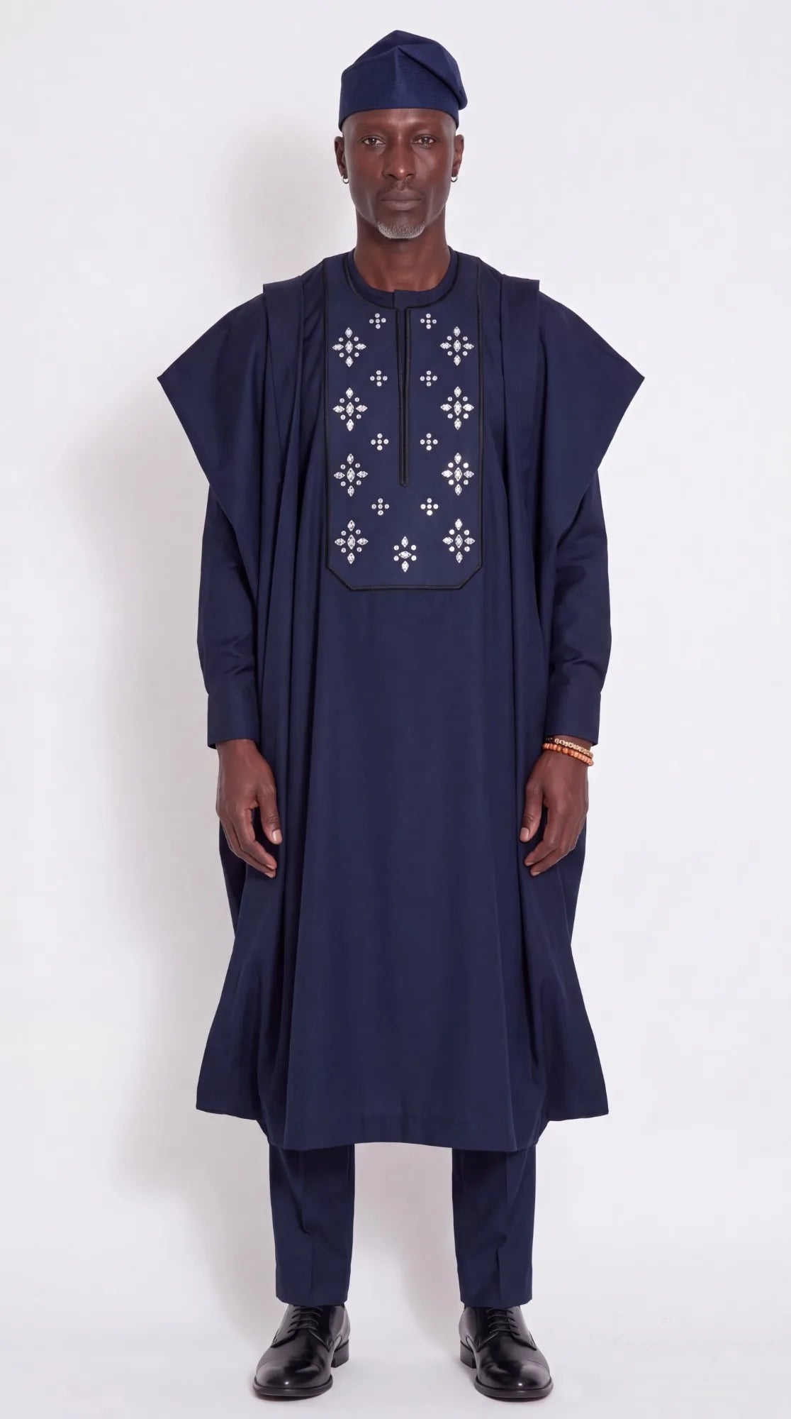 Noir Stellar Agbada — midnight navy men's agbada set, worn on model