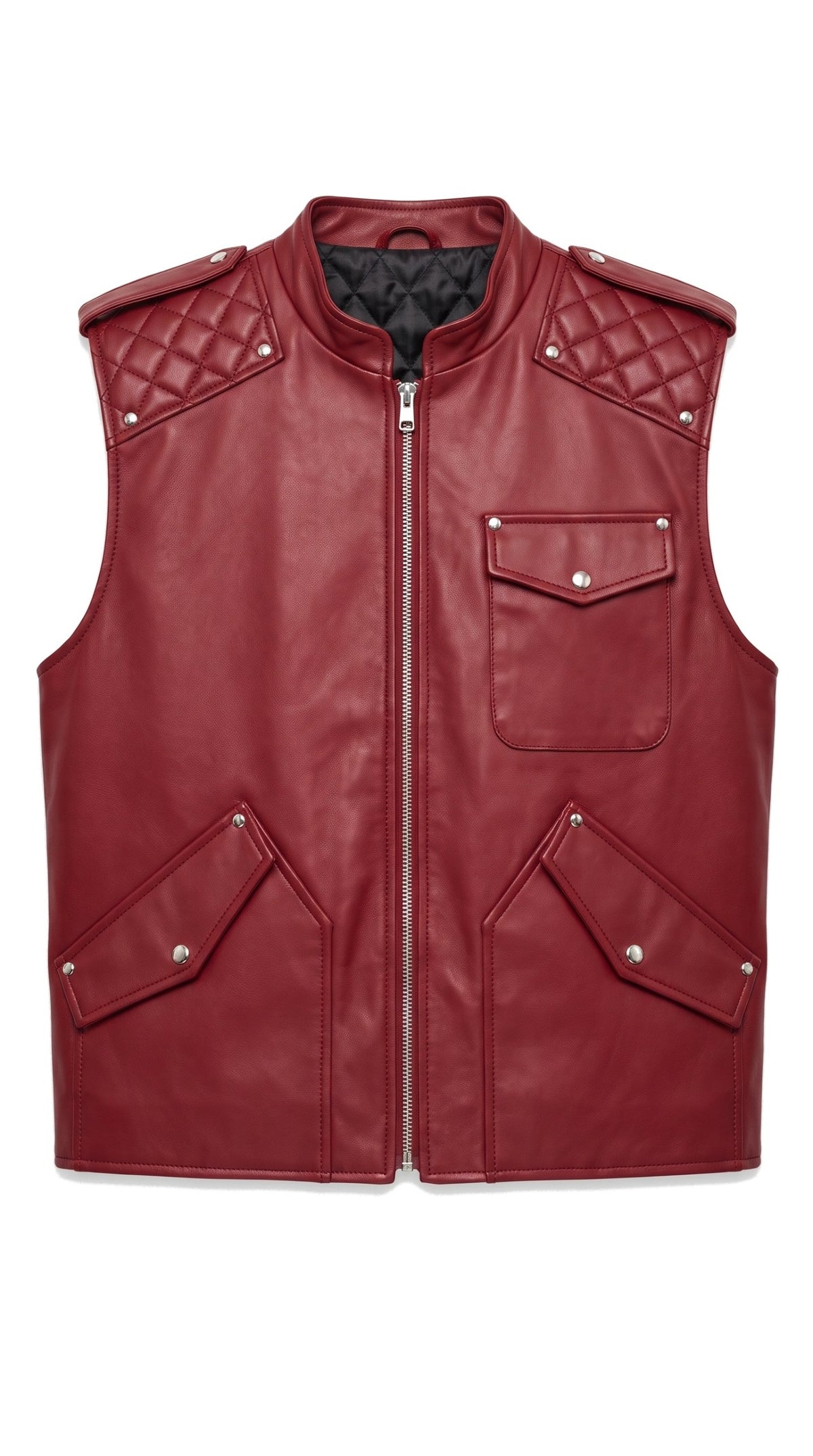 The Noir Stroma crimson leather gilet laid flat, showing quilted shoulders, studs and flap pockets