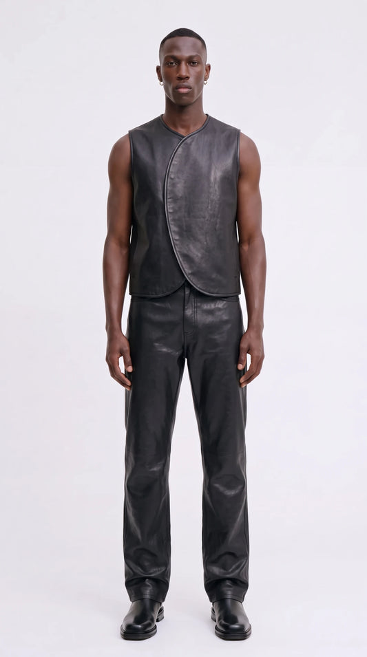 The Noir Stronsay black nappa leather waistcoat with collarless neck and curved crossover front