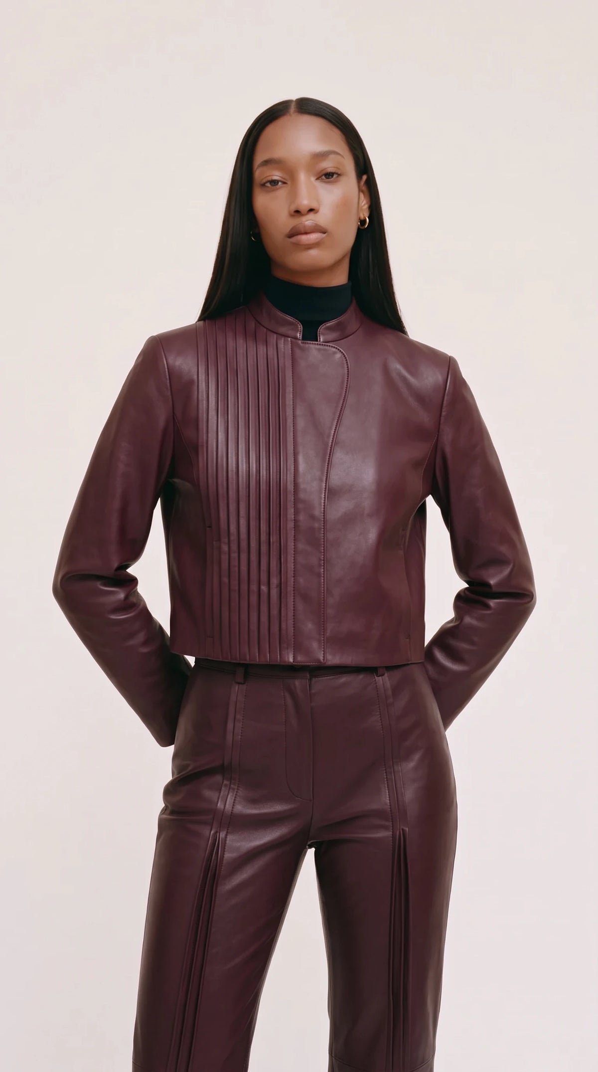The Noir Swona cropped aubergine leather jacket with stand collar and pressed vertical pleats down one front
