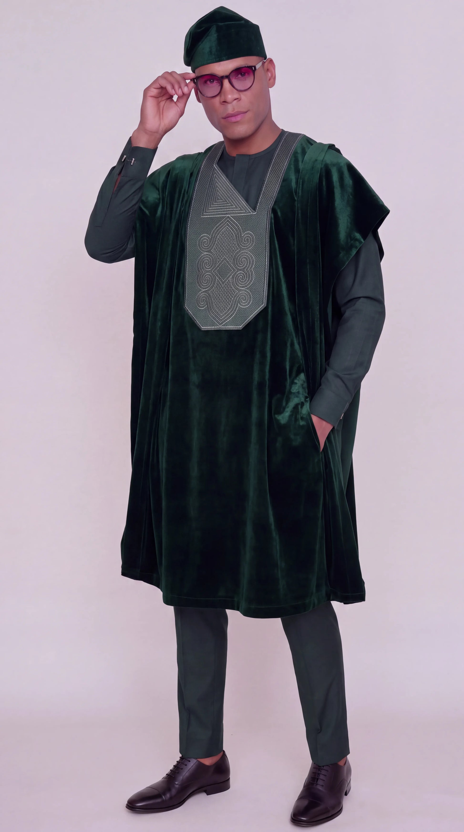 Noir Sylvan Agbada — green men's agbada set with contrast geometric embroidered chest panel, front view