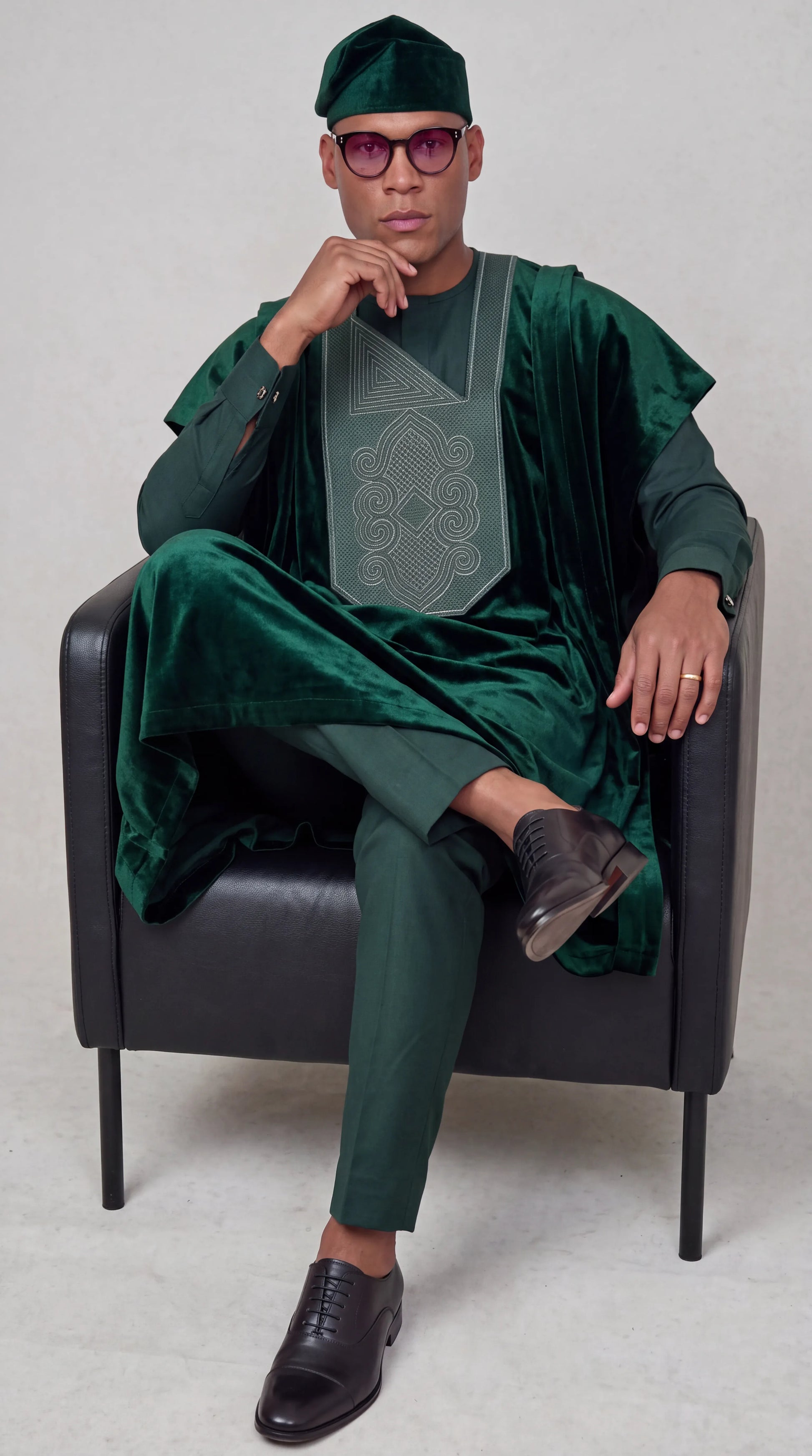 Noir Sylvan Agbada — green agbada set, seated view