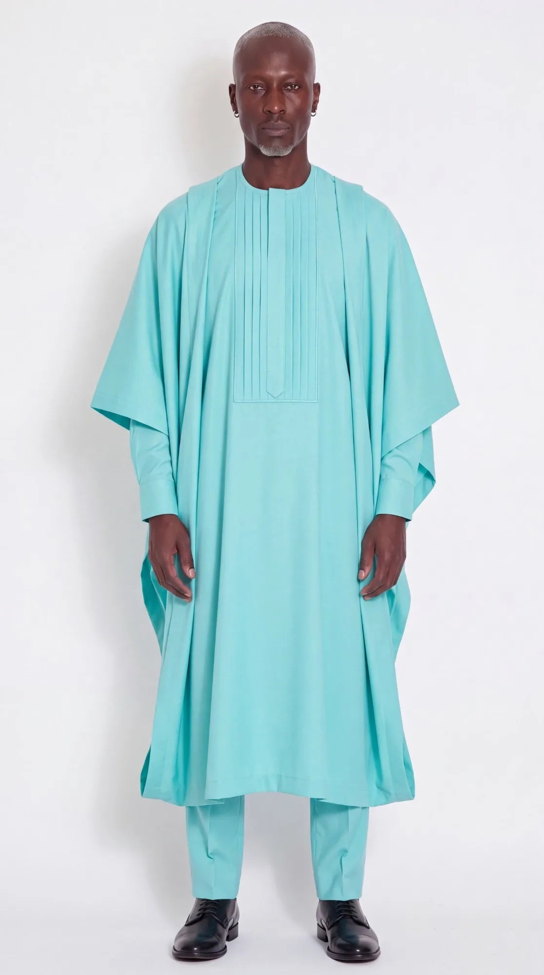 Noir Tide Agbada — aqua men's agbada set, worn on model