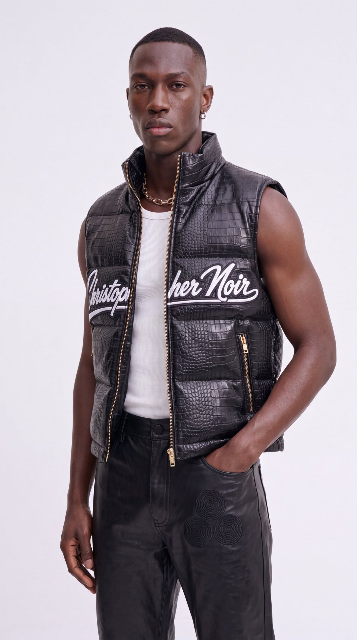 The Noir Tiree black croc-embossed leather signature puffer gilet by Christopher Noir