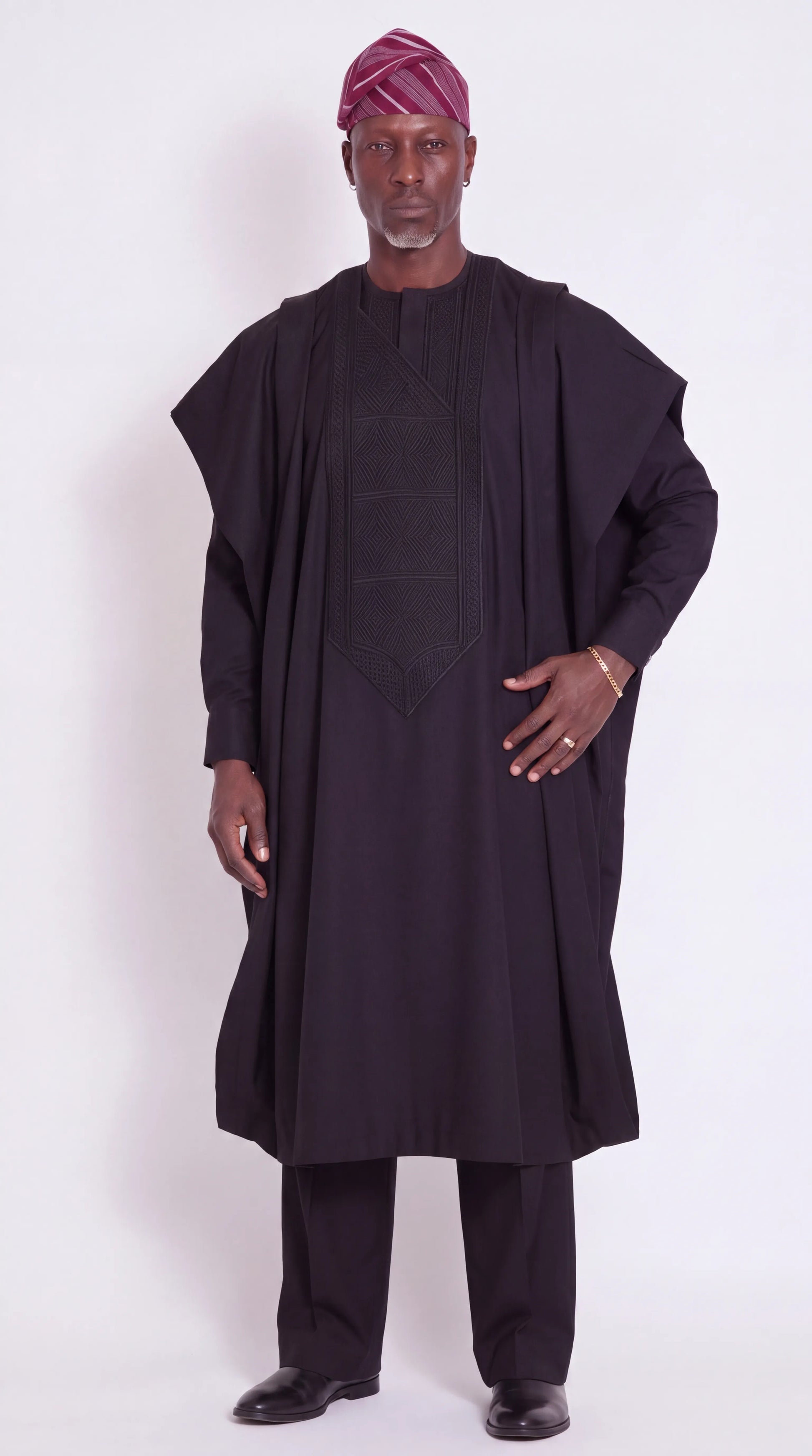 Noir Umbra Agbada — black agbada set full-length front view