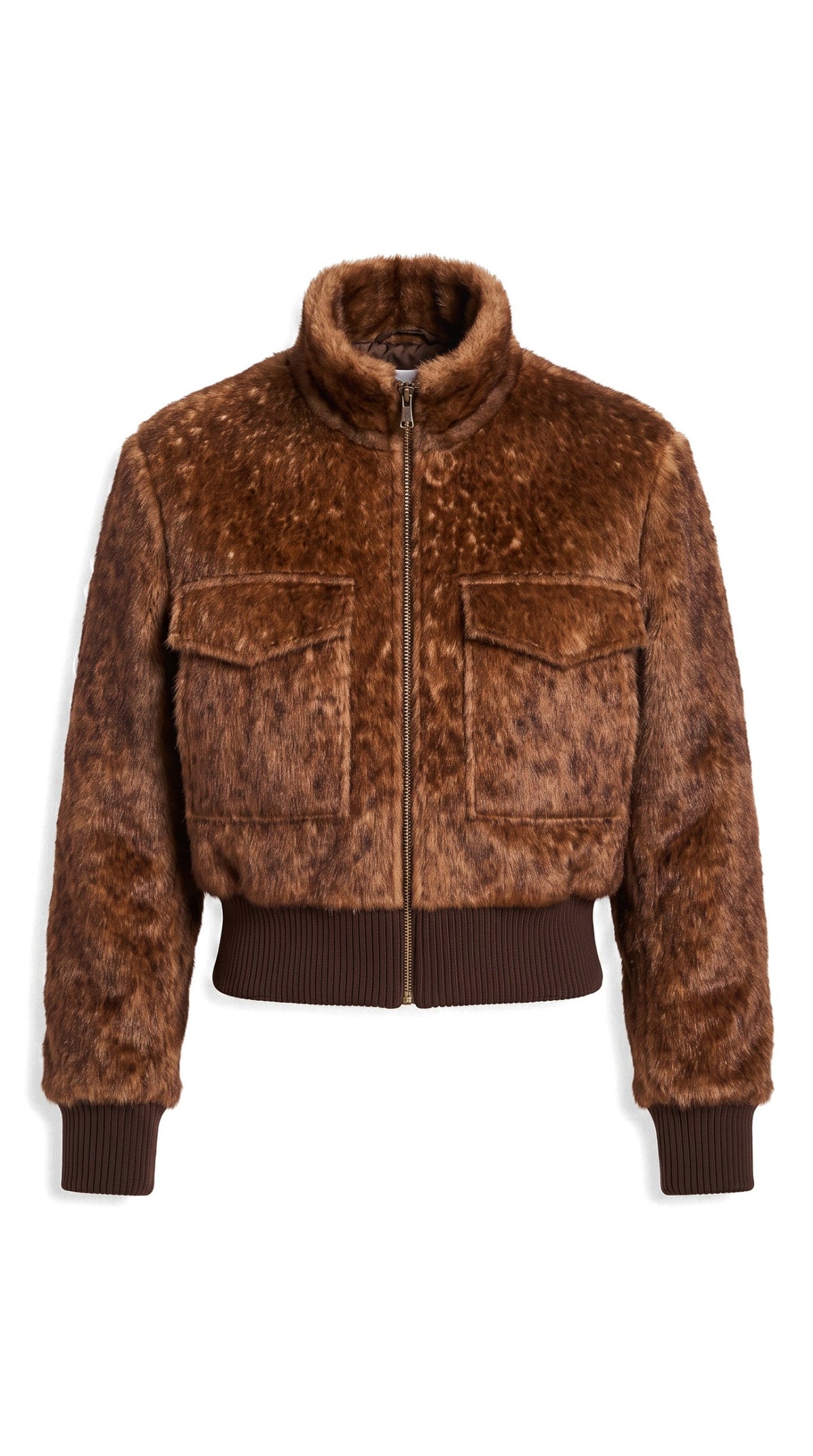 The Noir Vatersay rust faux-fur bomber jacket laid flat with ribbed cuffs and hem