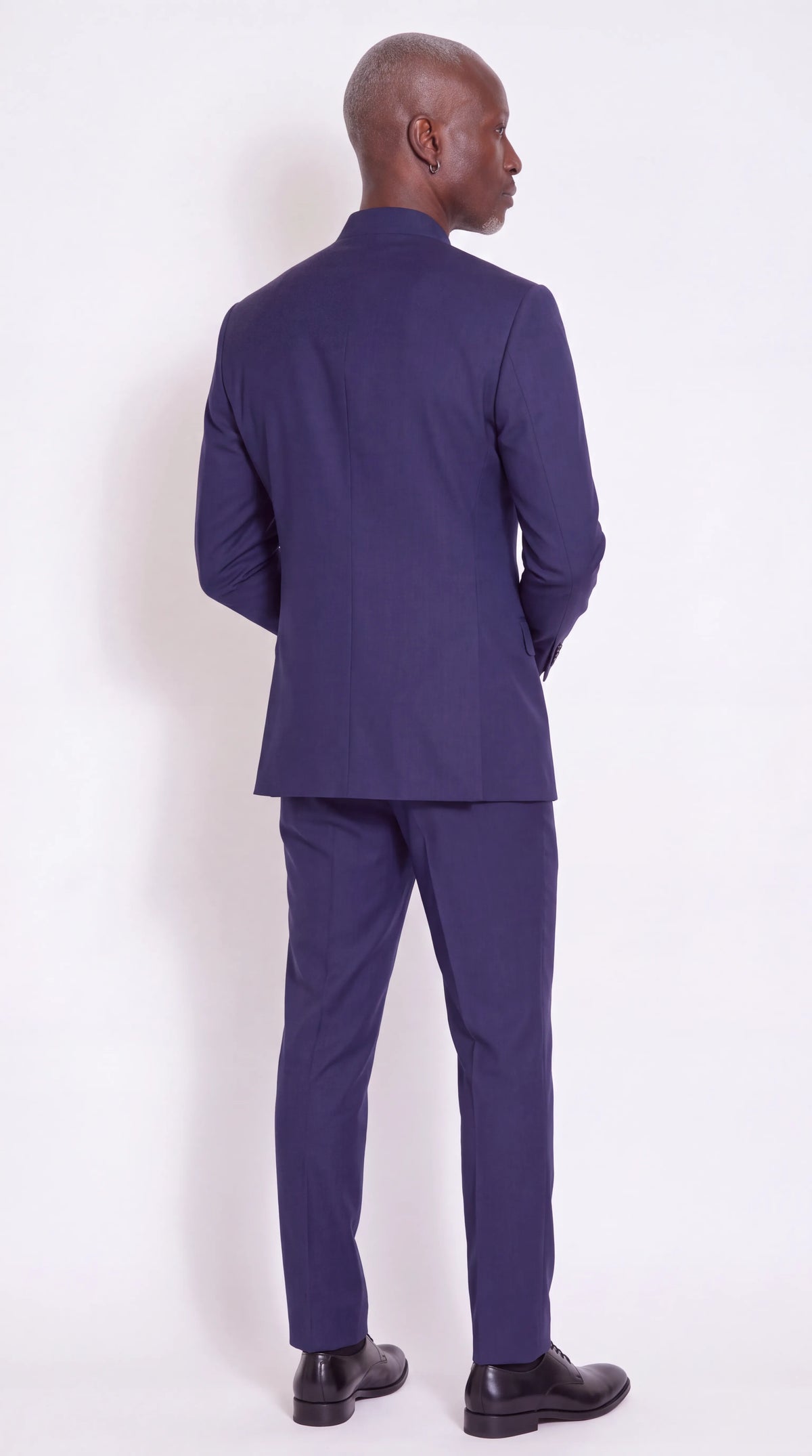 The Noir Vantage Suit — Navy Mandarin Collar Suit — back view