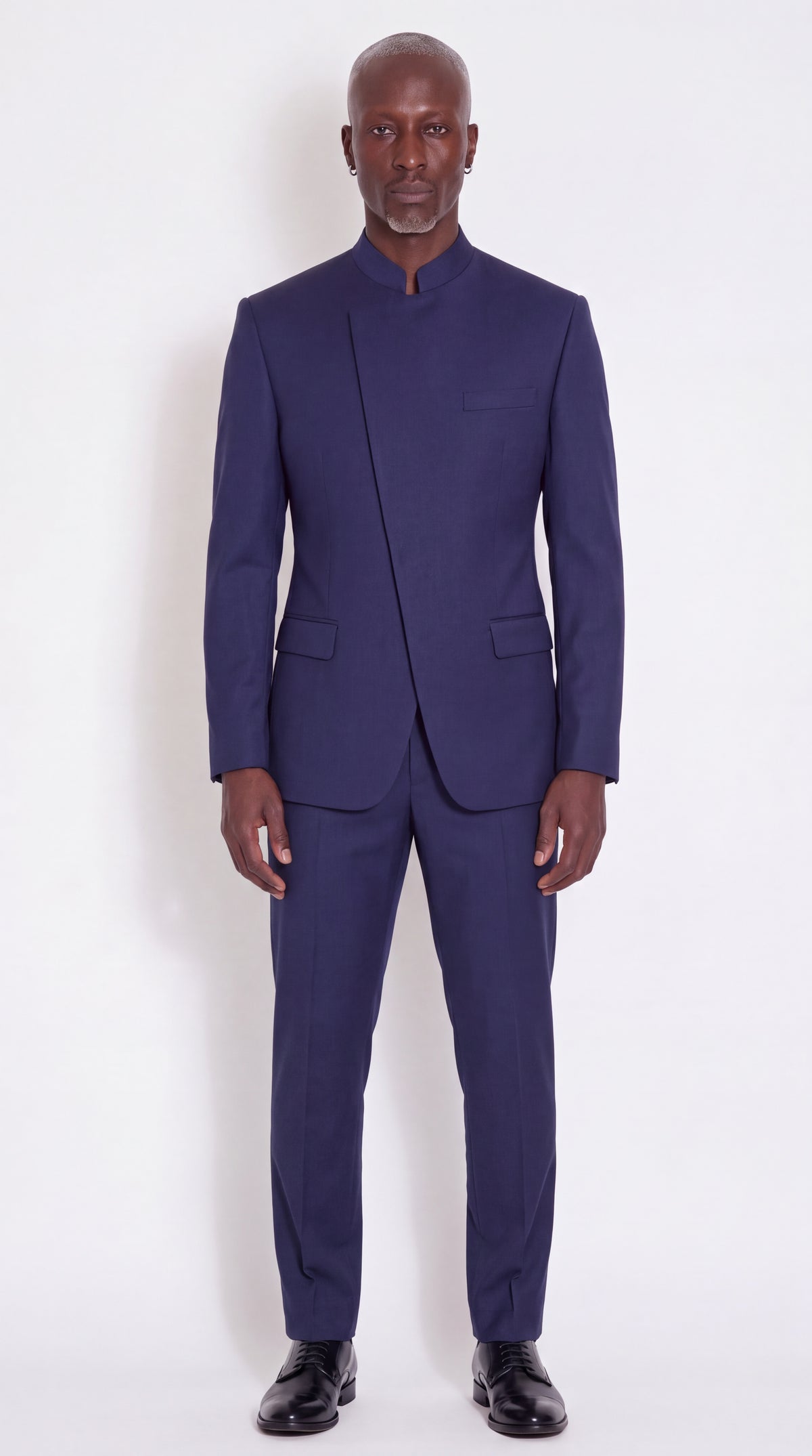 The Noir Vantage Suit — Navy Mandarin Collar Suit — front view