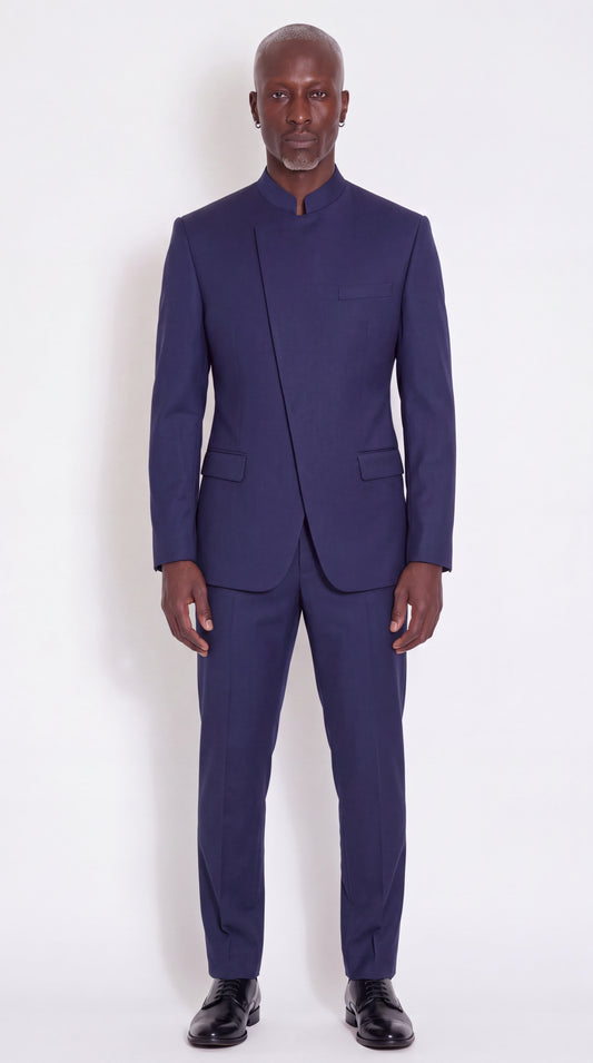 The Noir Vantage Suit — Navy Mandarin Collar Suit — front view