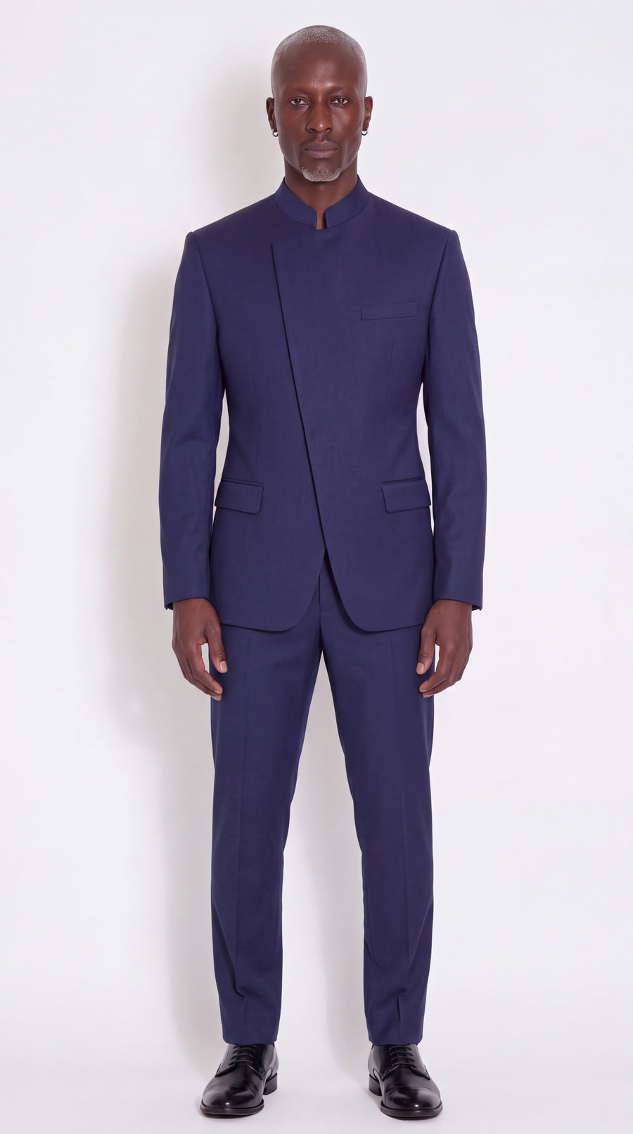 The Noir Vantage Suit — Navy Mandarin Collar Suit — front view